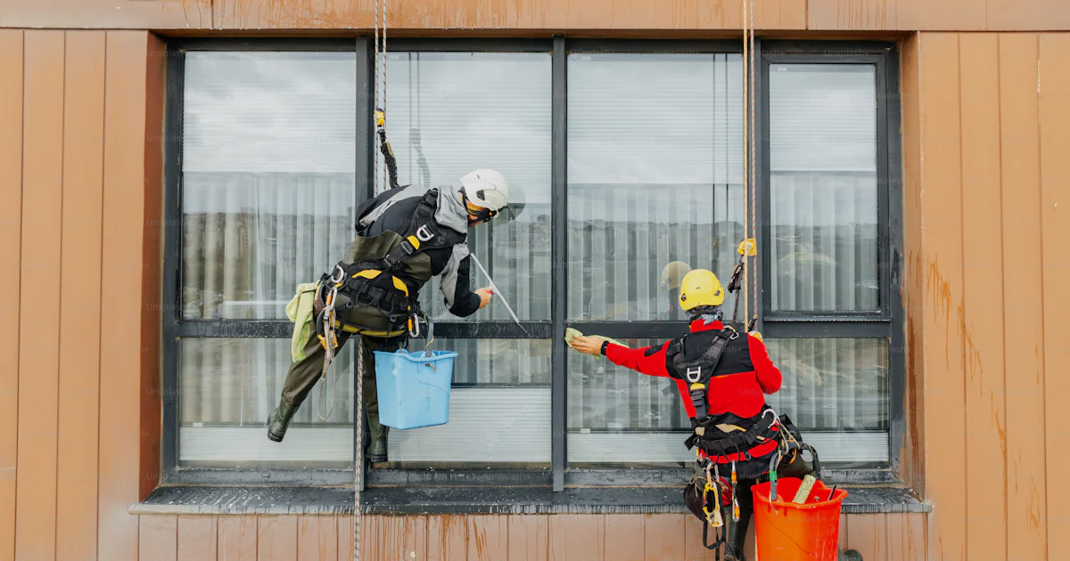 Window Cleaner Ropes Two window cleaners suspended from ropes working on building photo ...