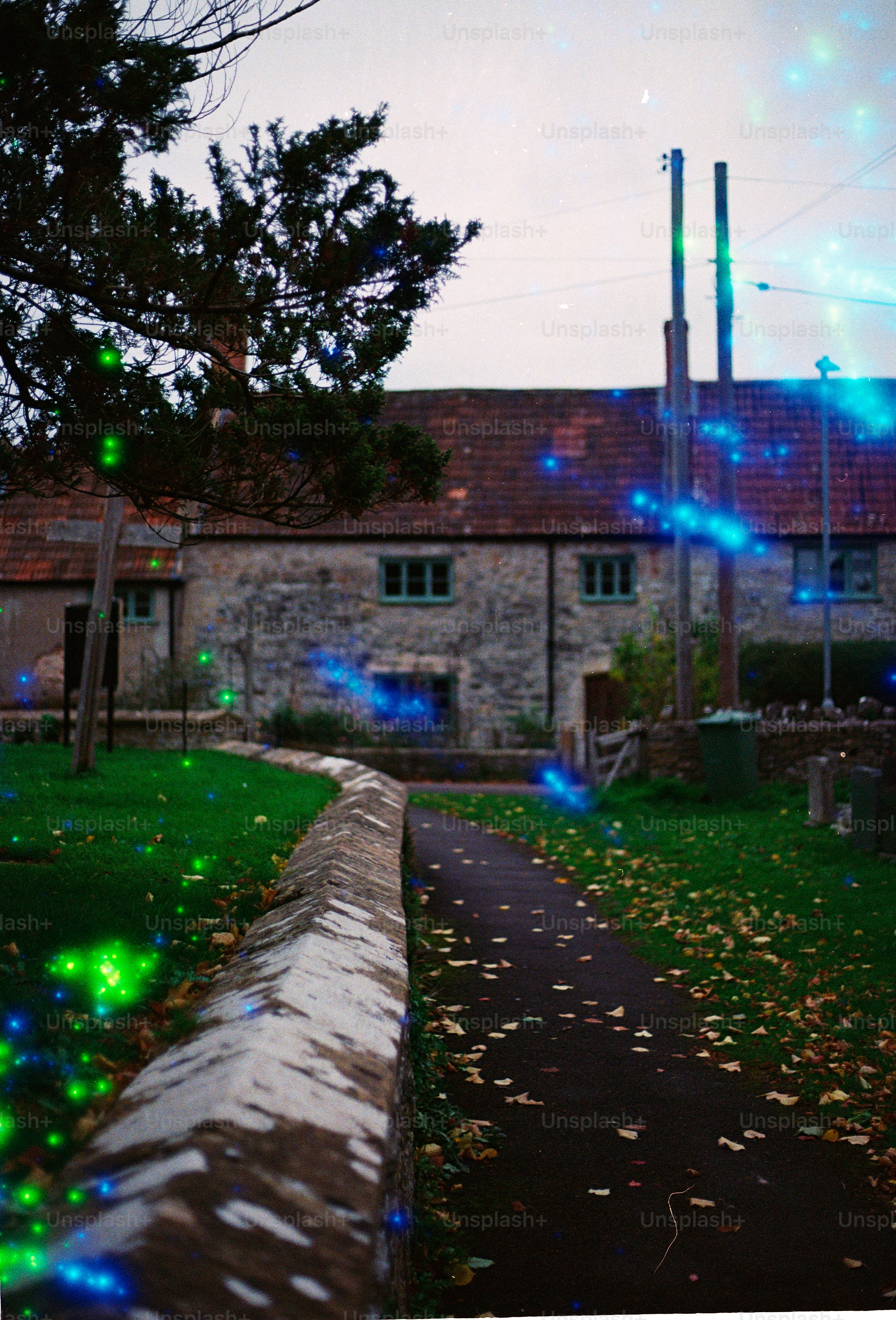 Stone building with a path and autumn leaves.