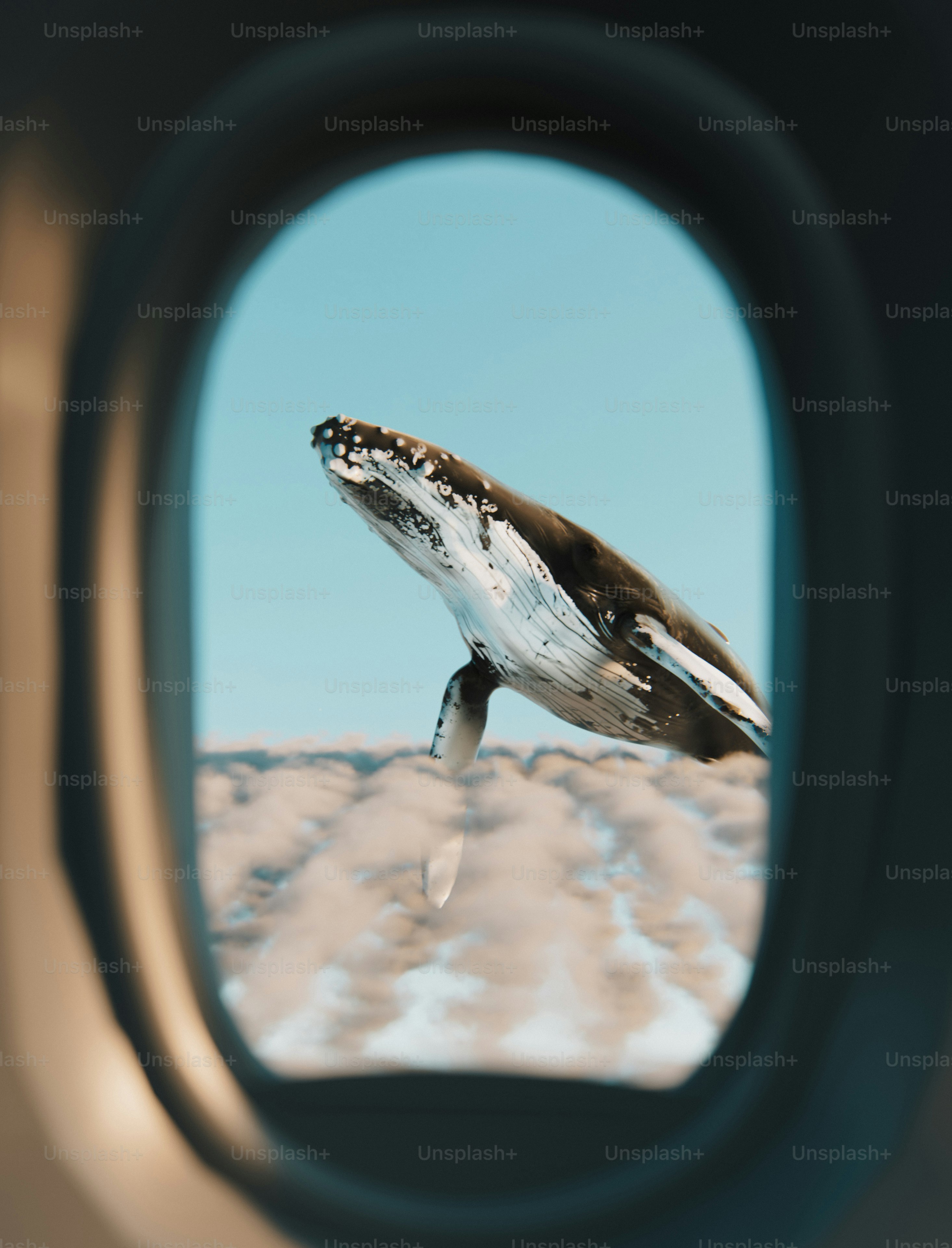 Whale breaching from ocean viewed through airplane window