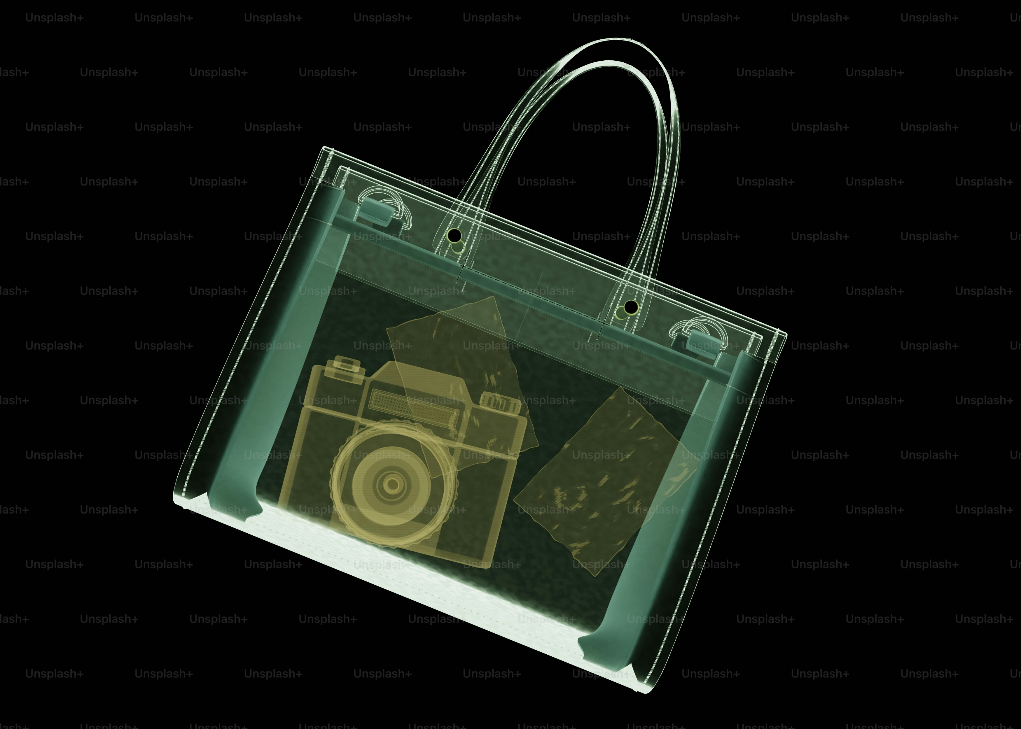 Transparent tote bag with camera and cards