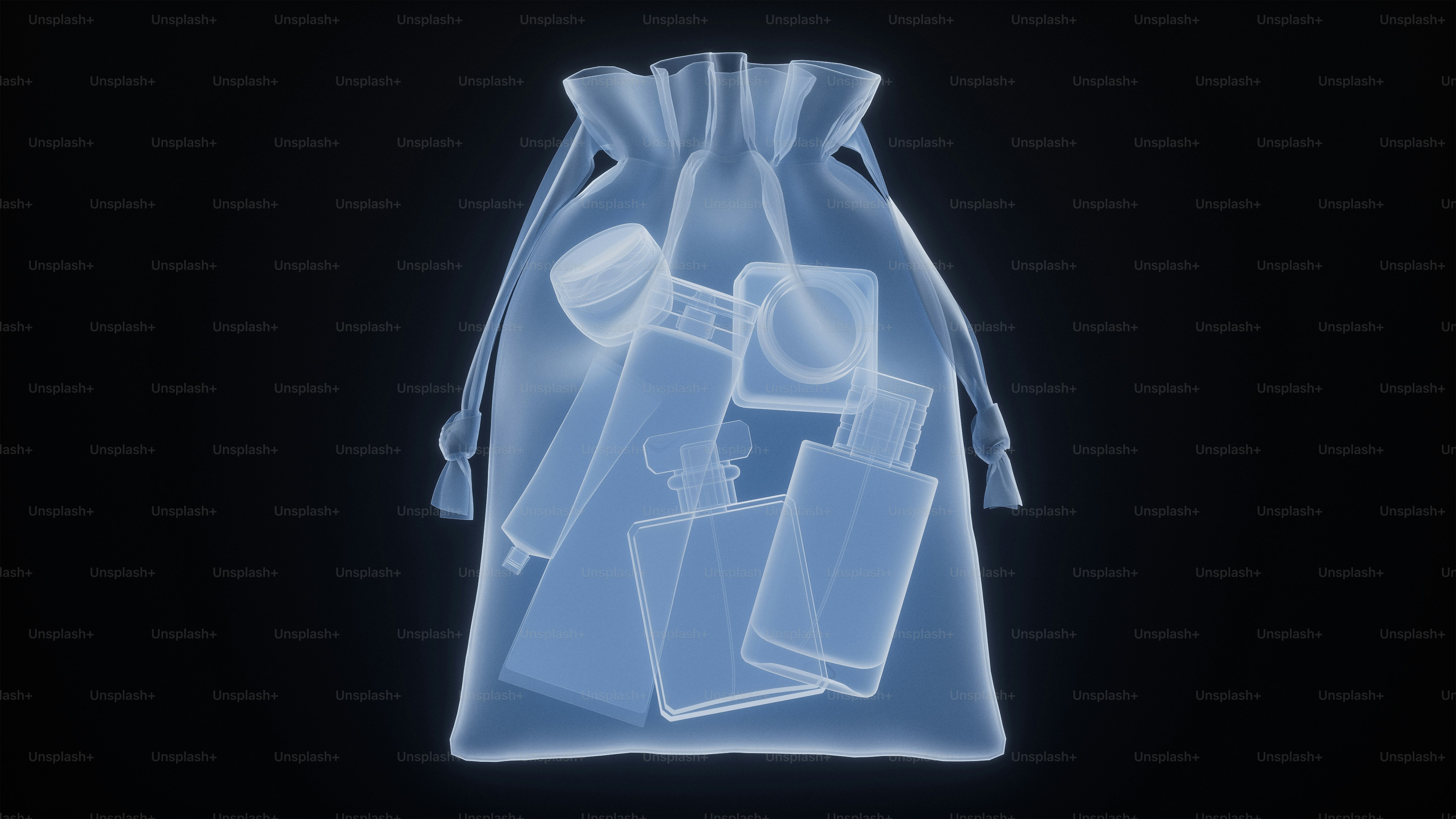 Transparent bag with various cosmetic items inside.