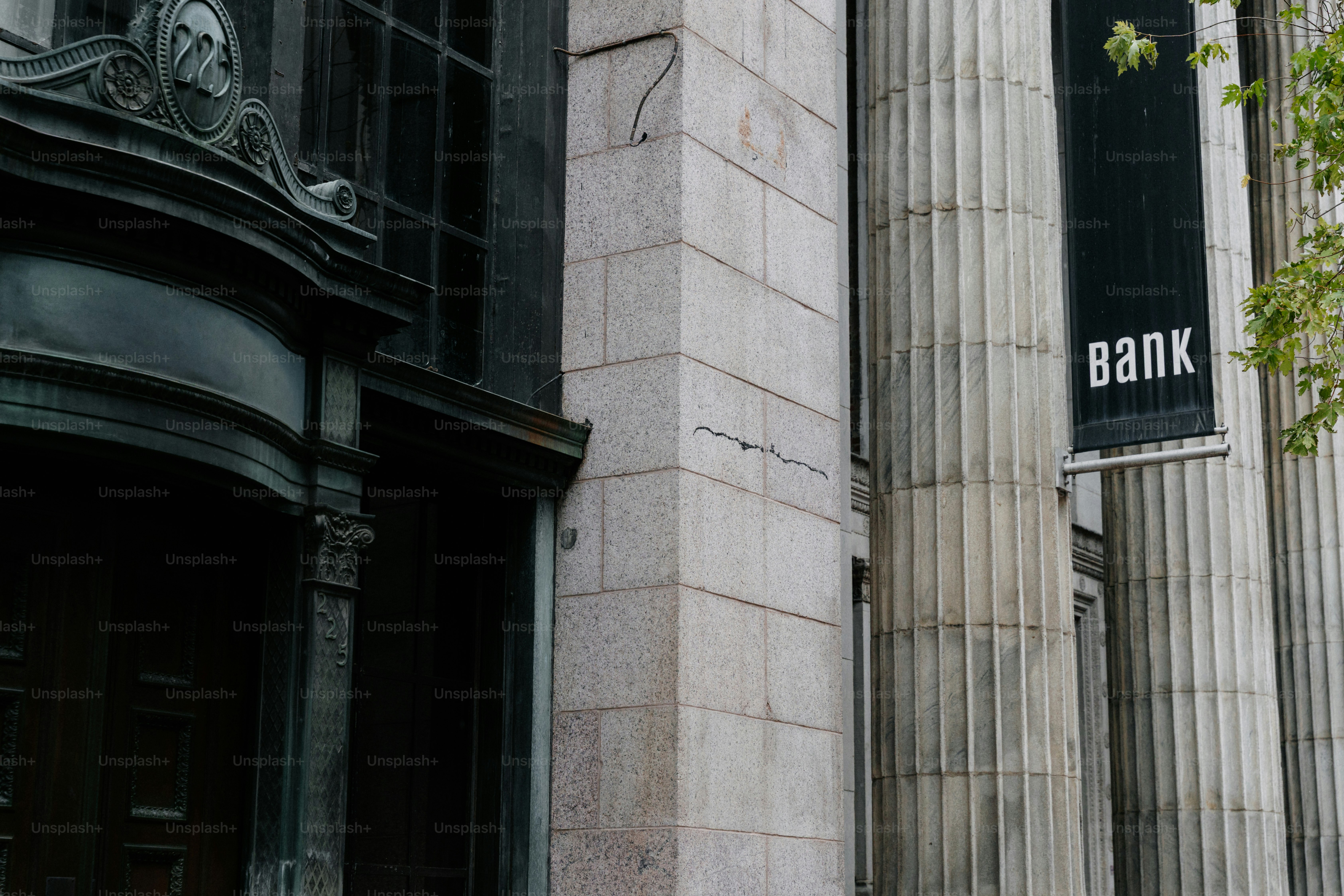 Stone columns and entrance of a bank building