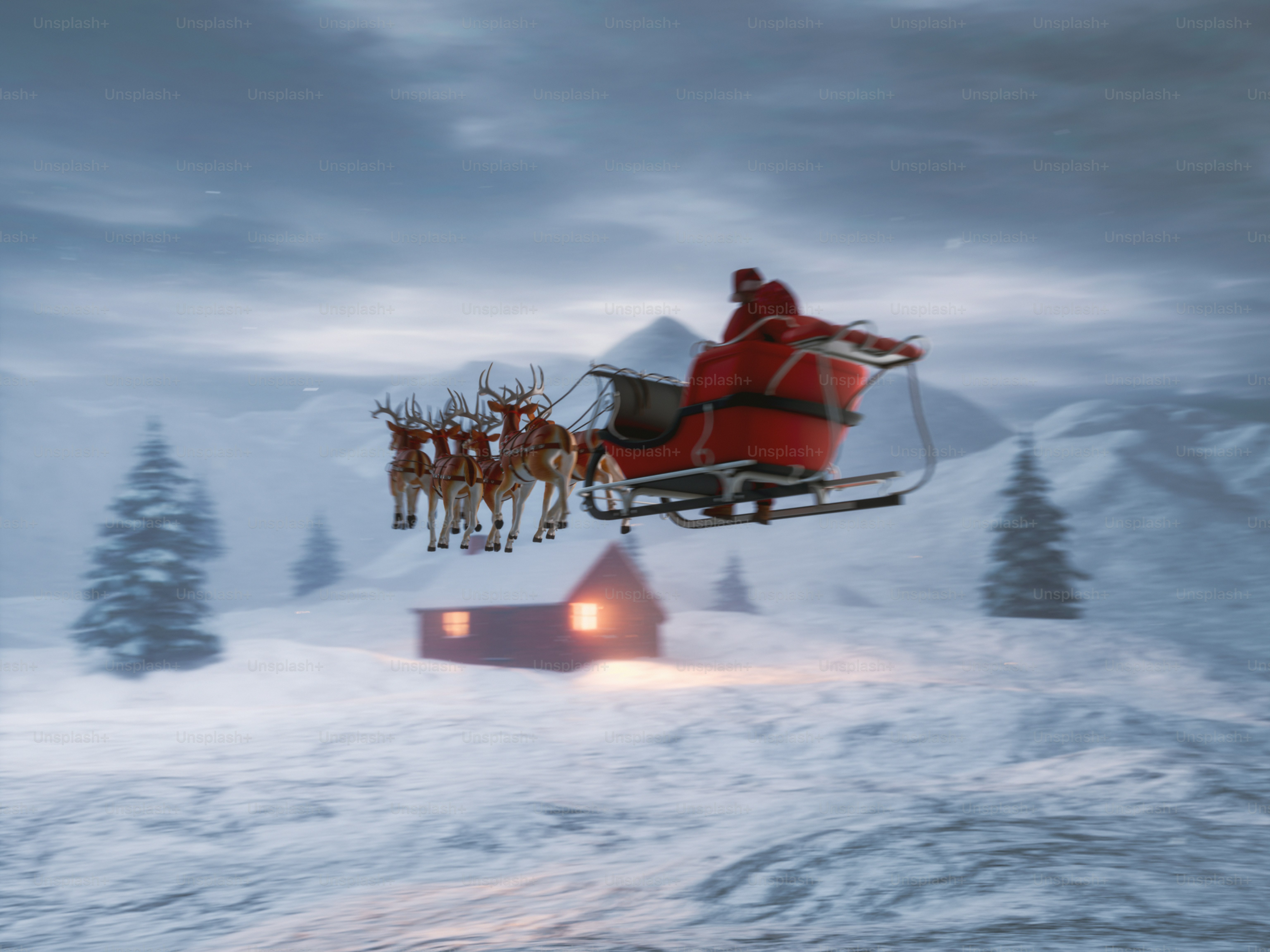 Santa claus flying in his sleigh over snowy landscape. photo ...