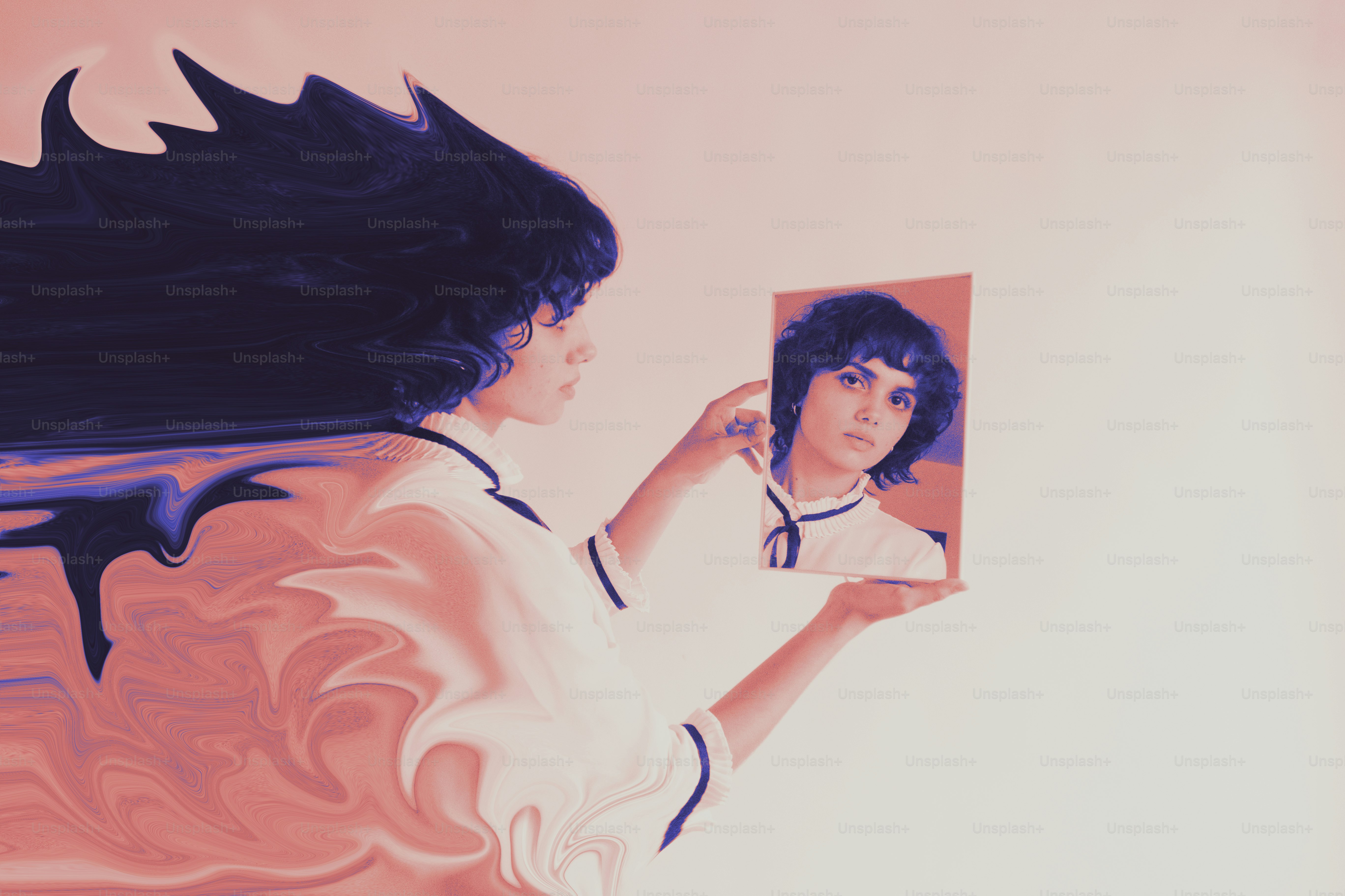 Woman looks at distorted reflection in mirror photo – Experimental ...