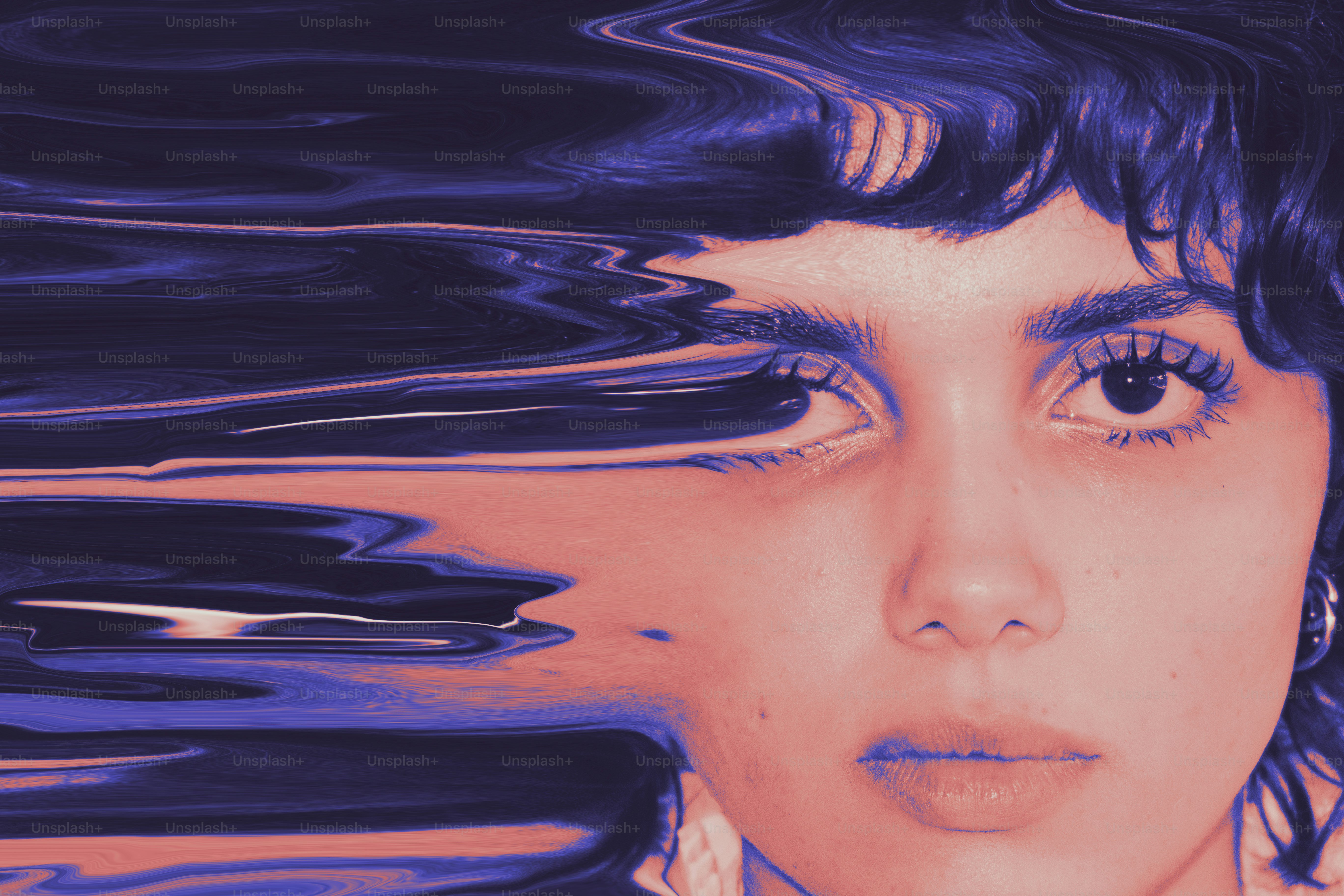 Distorted portrait of a woman's face with purple hues photo ...