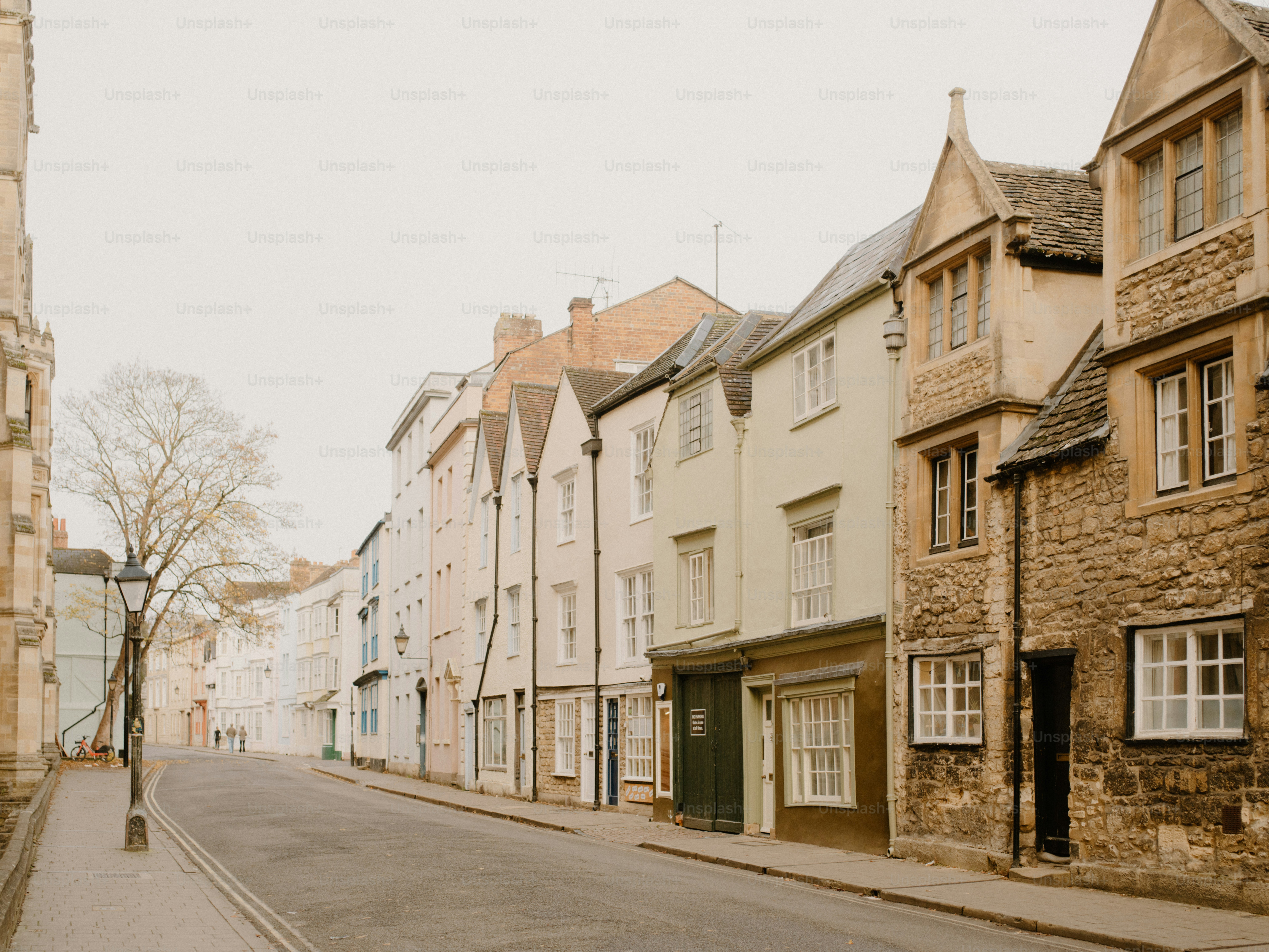 Rua histórica com edifícios tradicionais de pedra e uma árvore.