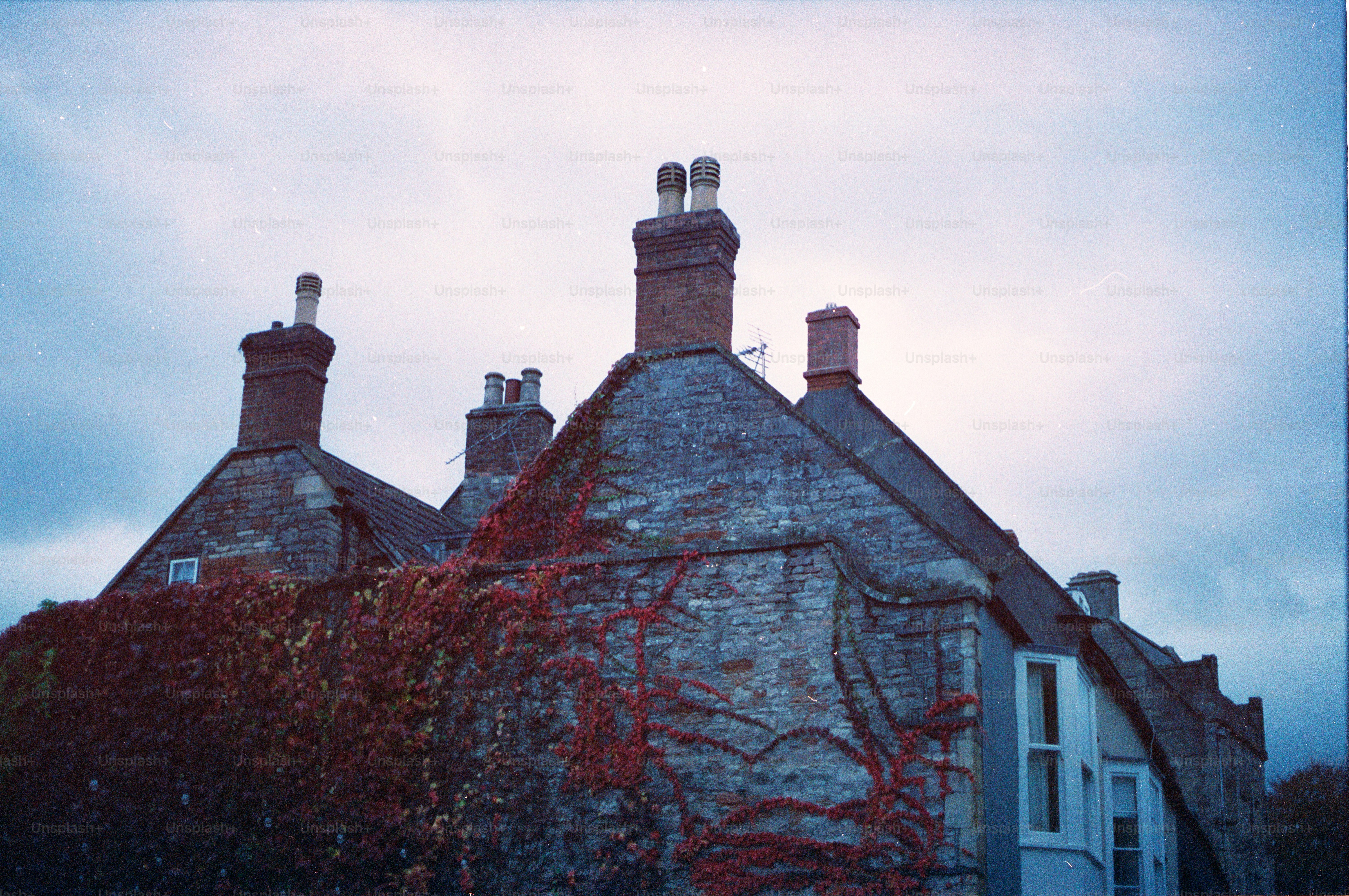 Old stone houses with ivy under cloudy sky