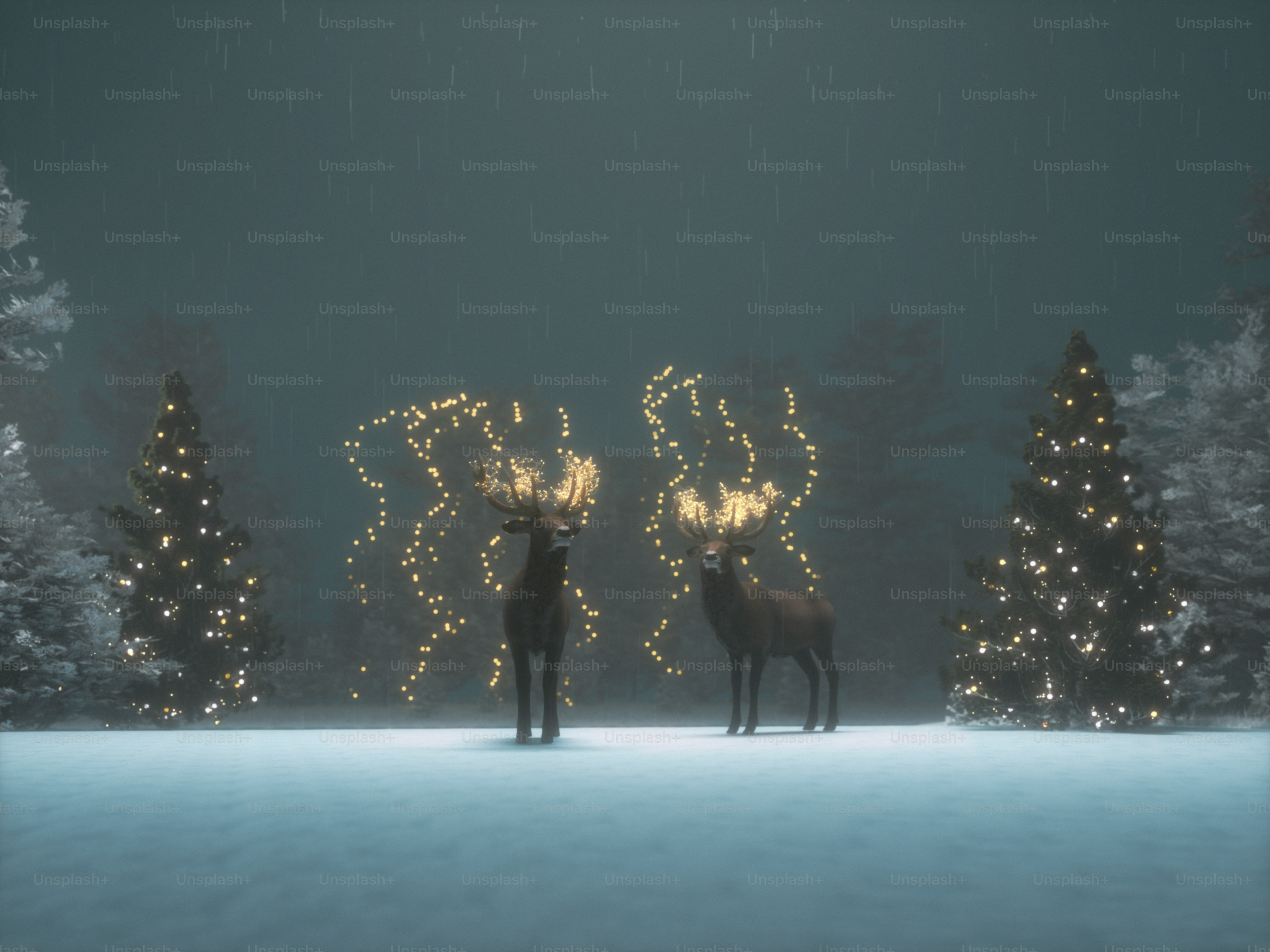 Two deer with glowing antlers in snowy forest