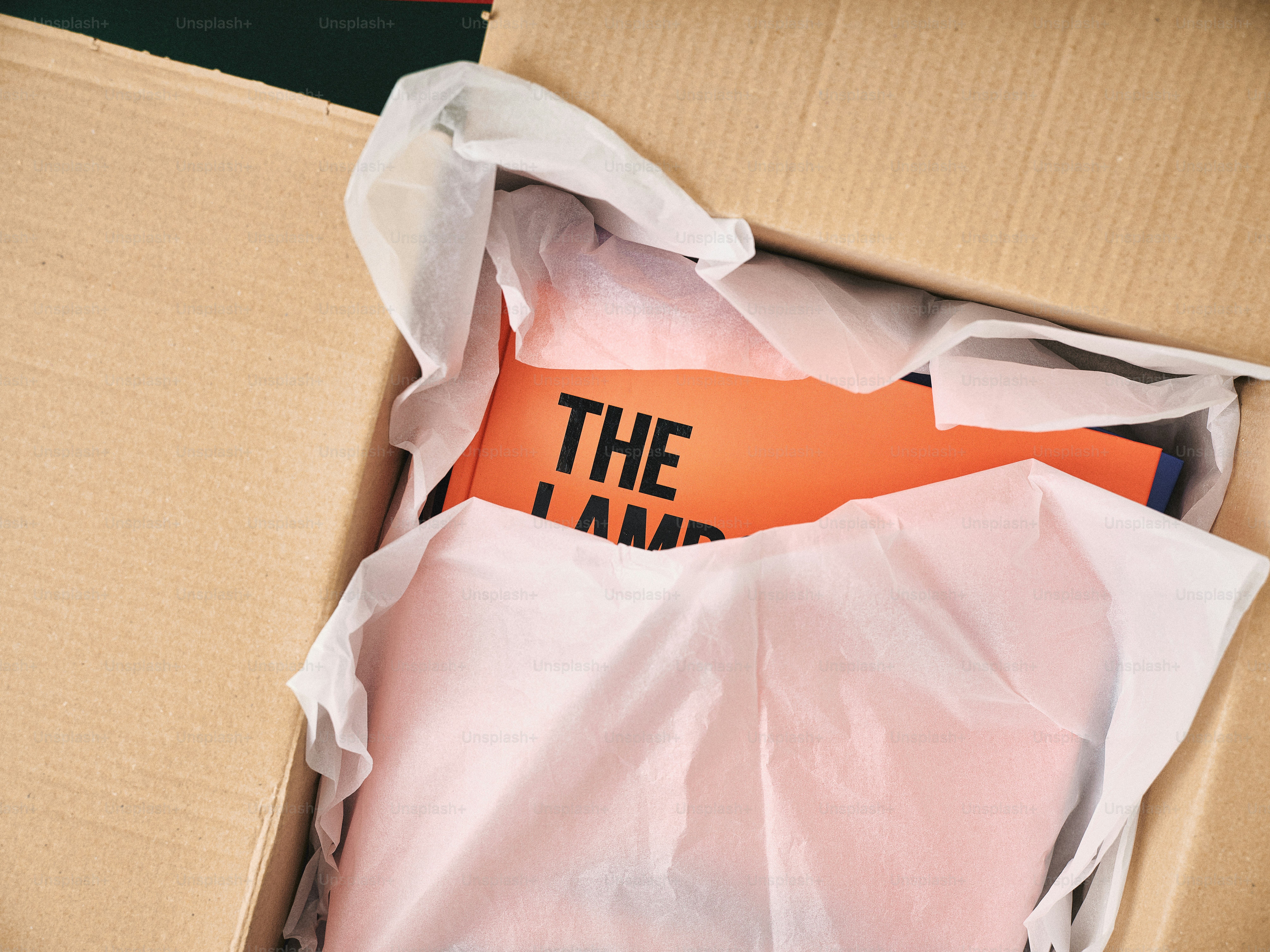 Orange book with black text inside cardboard box