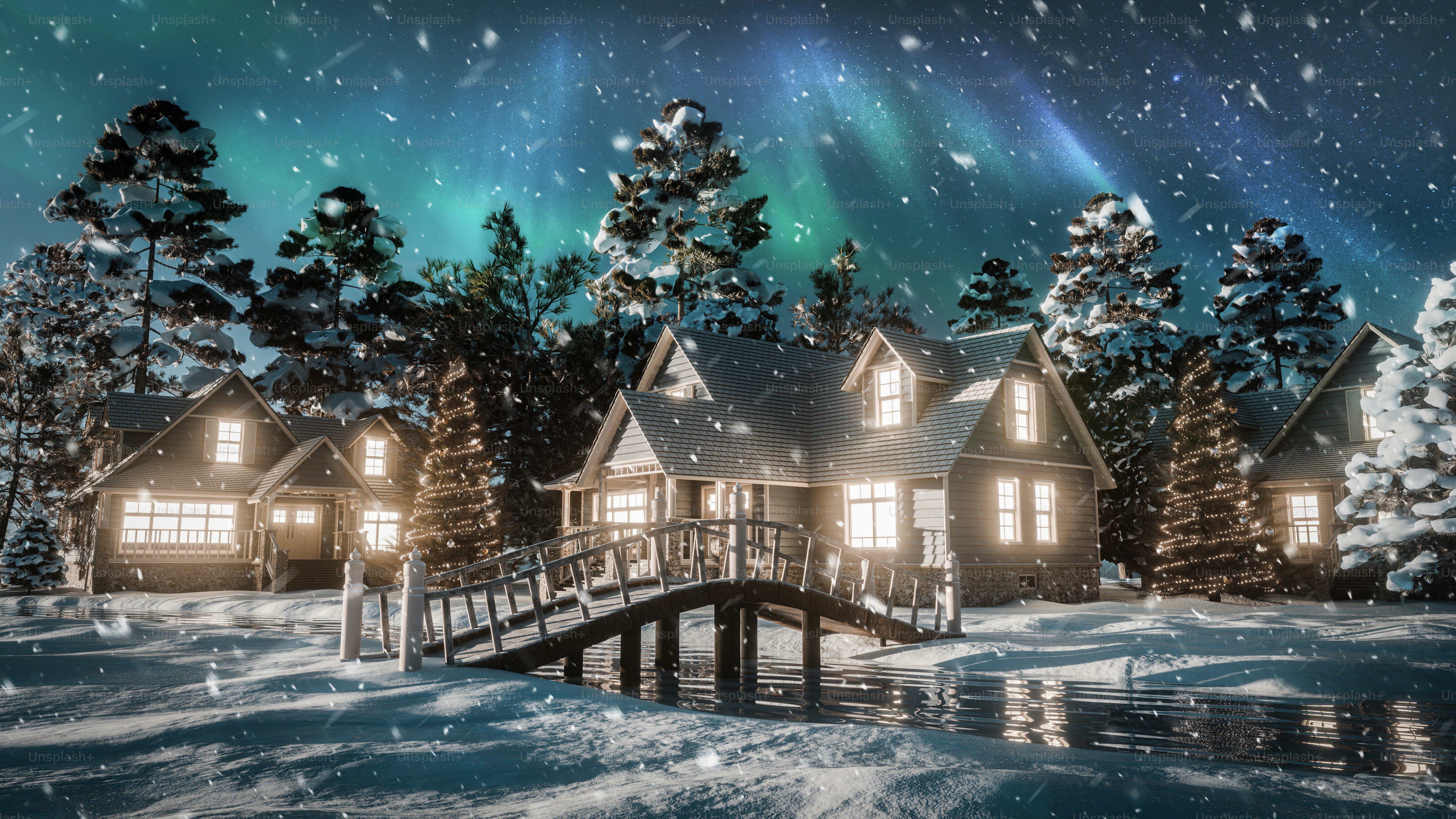 Cozy cabins in snowy forest under aurora borealis