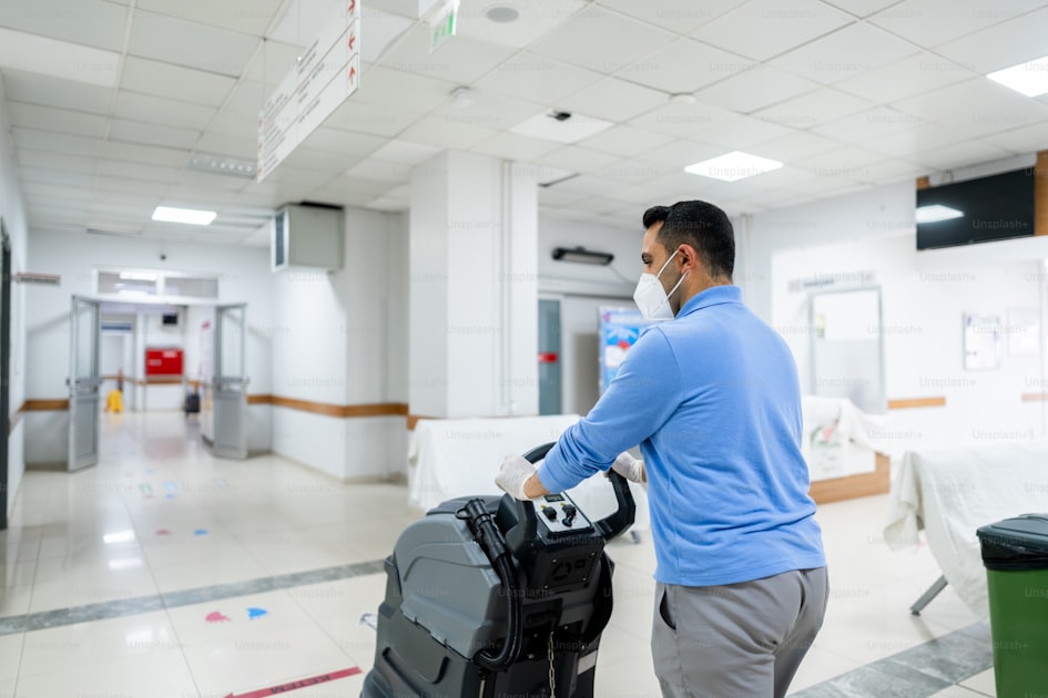 A facility worker operating a floor cleaning machine in a commercial hallway