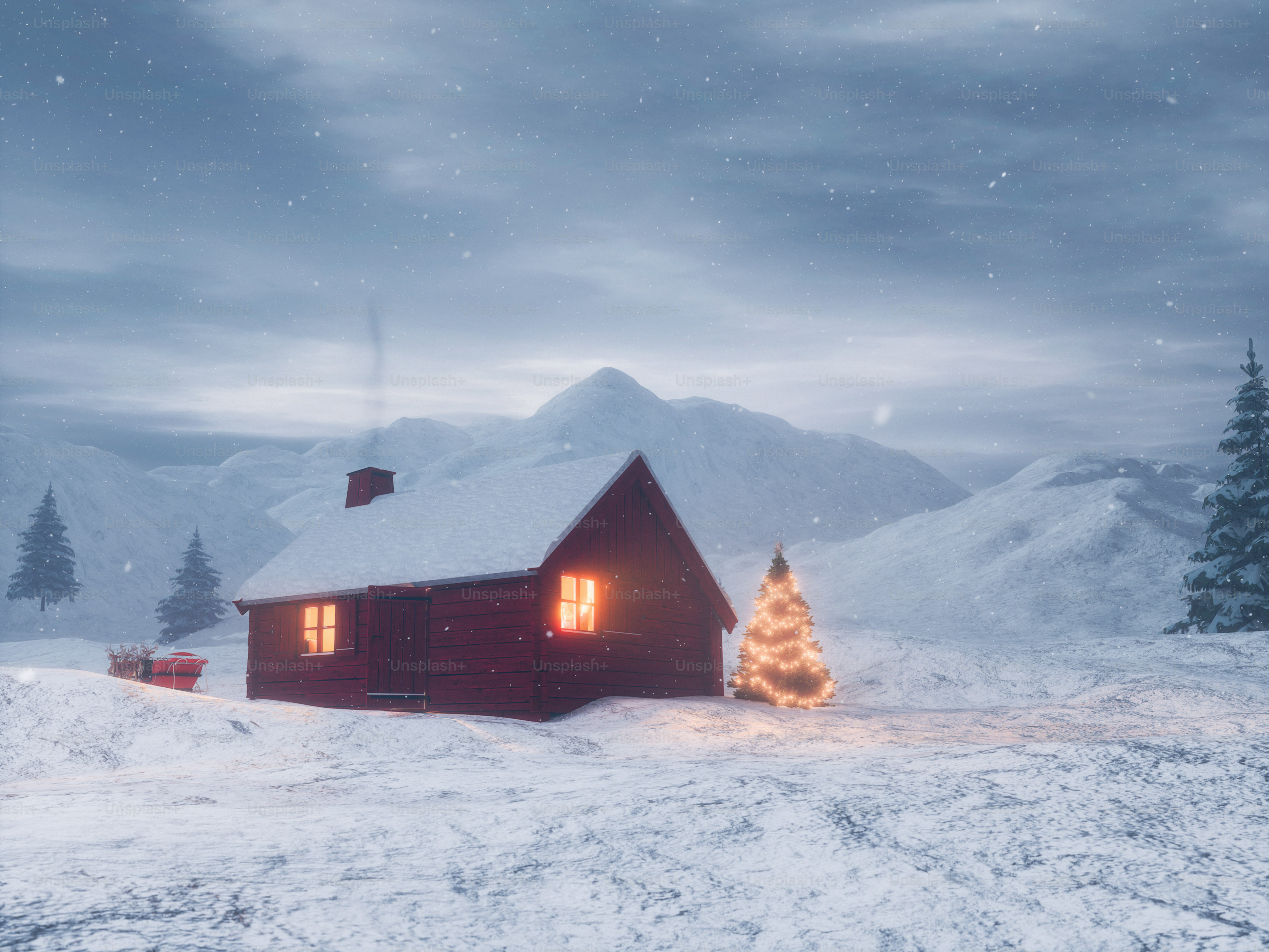 Cozy cabin in a snowy landscape with christmas tree. photo – Christmas ...