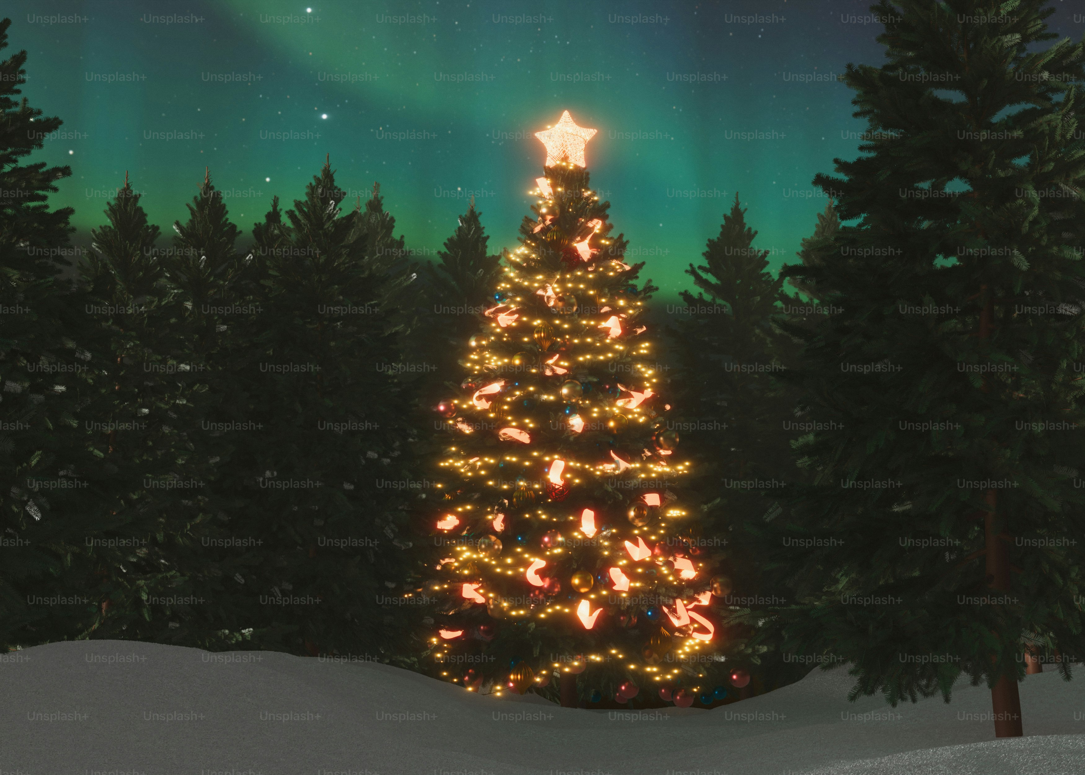 Decorated christmas tree under aurora borealis