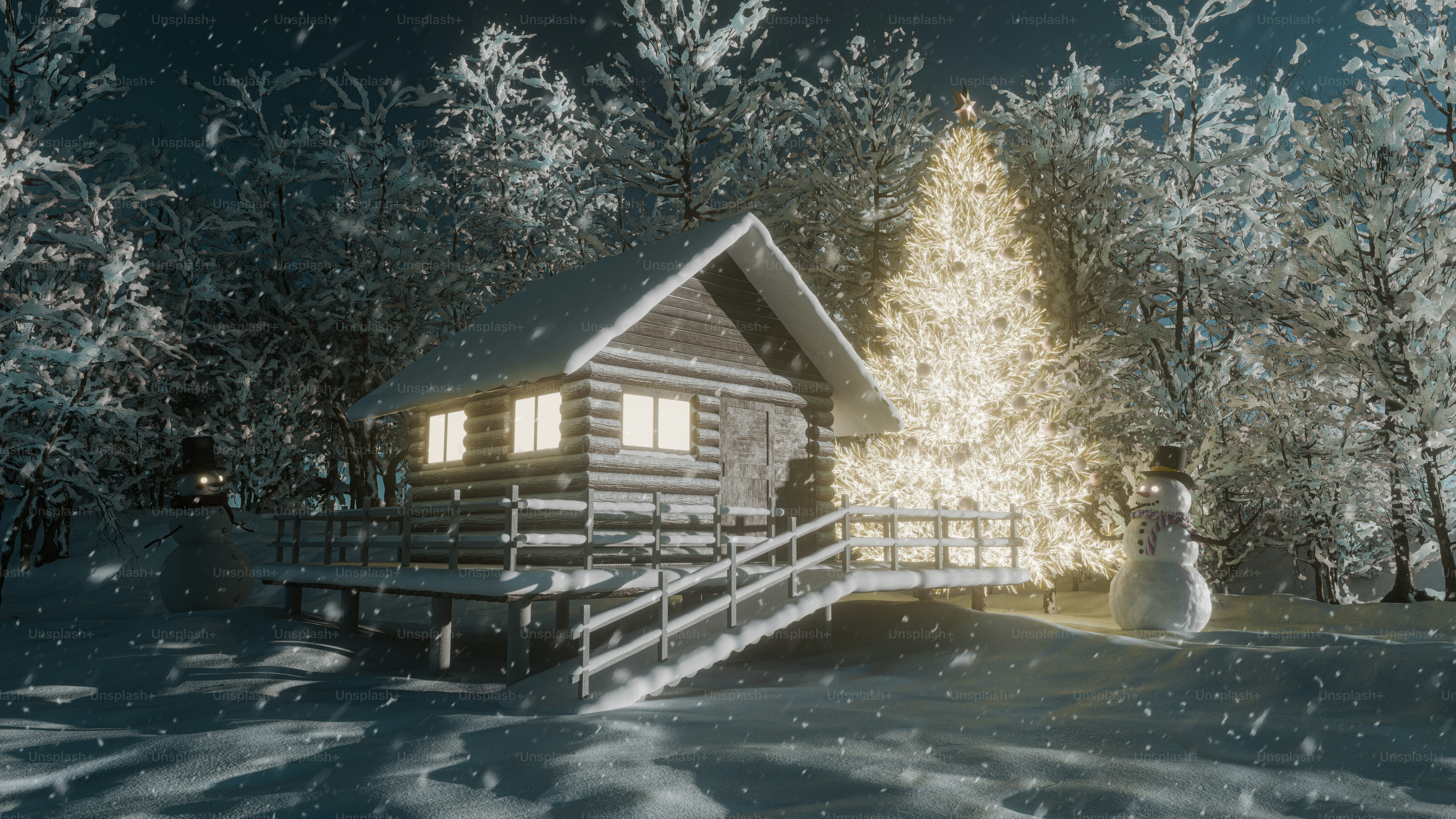 Cozy cabin in snowy woods with illuminated christmas tree photo – Image ...