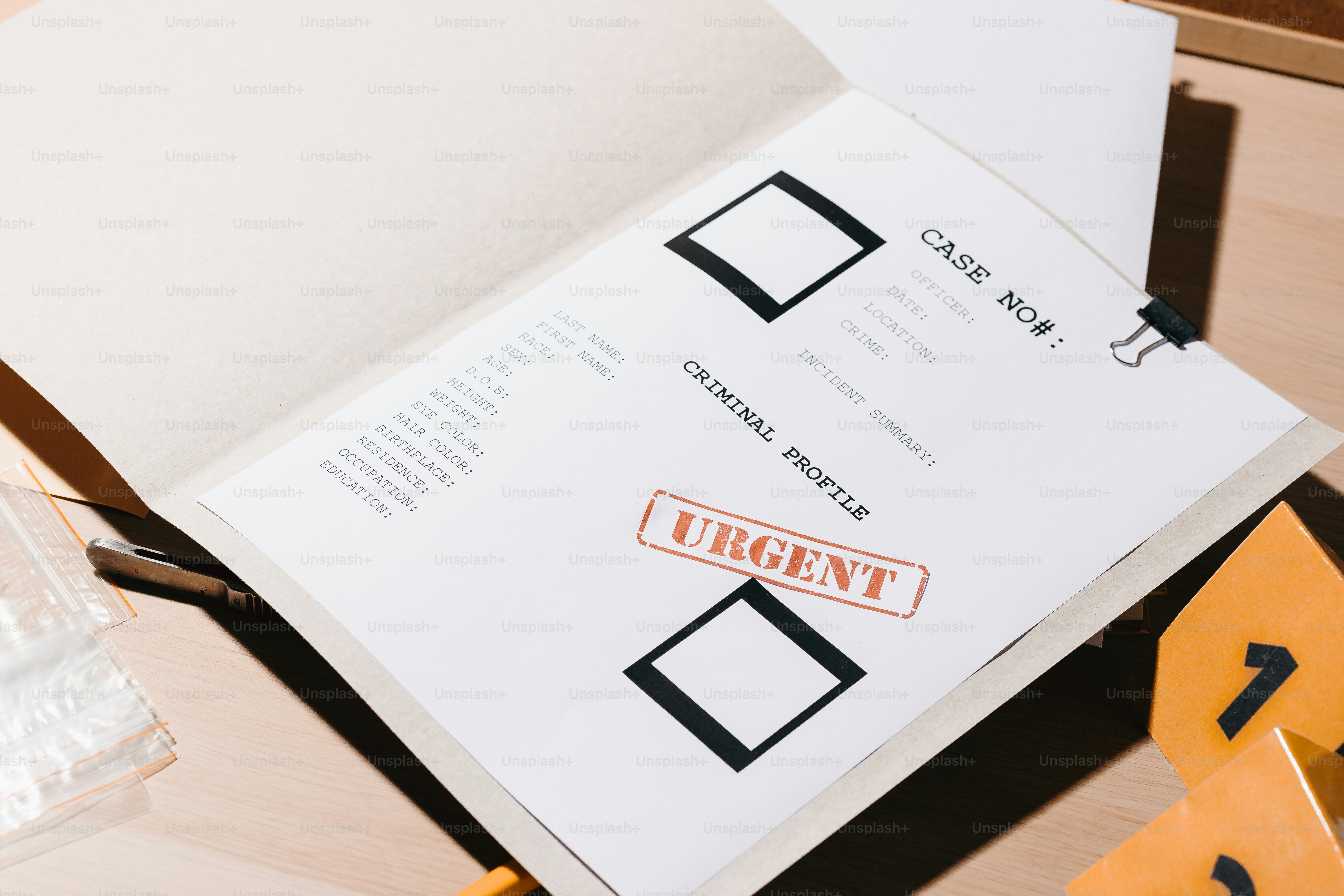Open file with urgent criminal profile document.