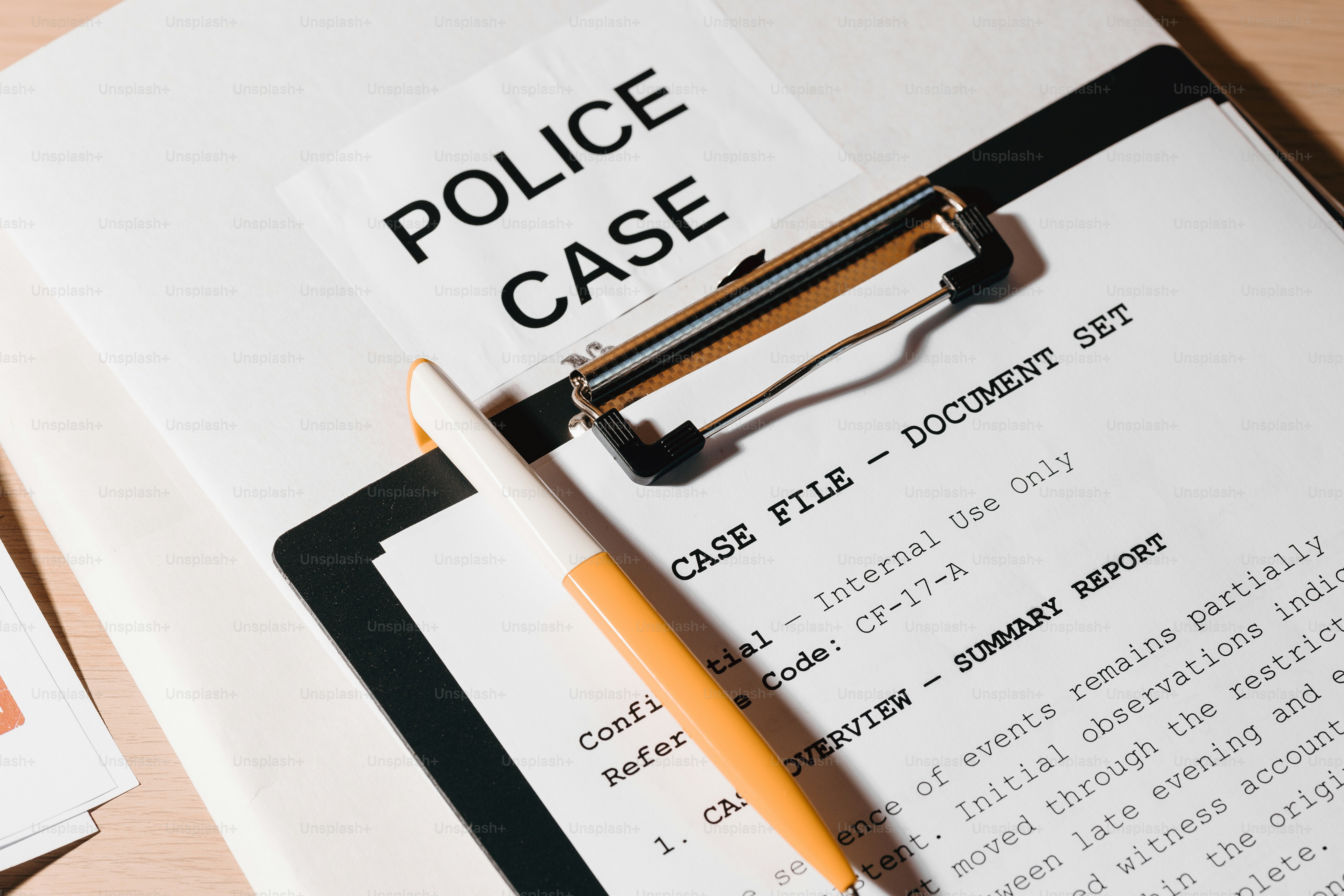 Police case file with a pen on clipboard.