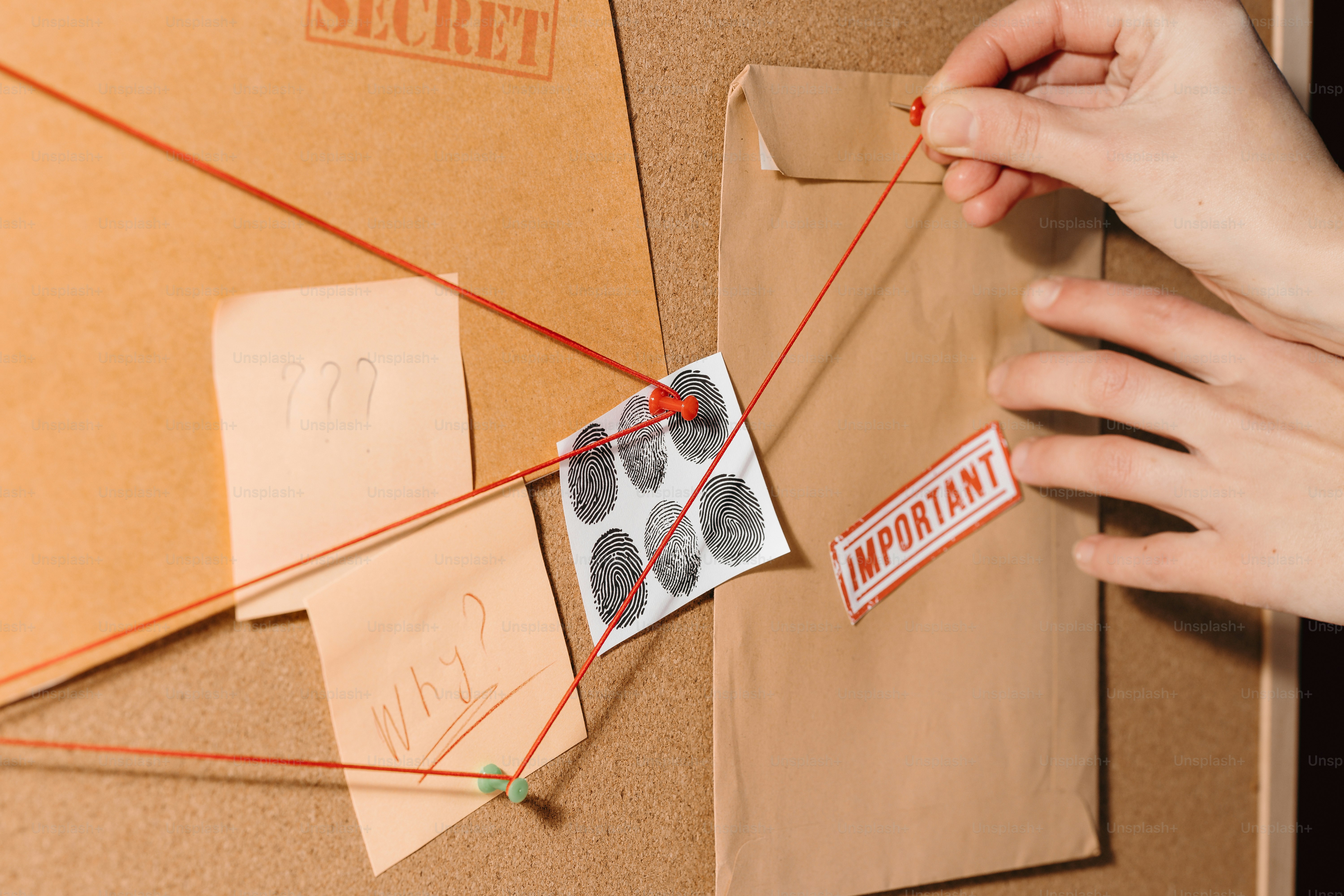 Investigation board with strings and fingerprints.