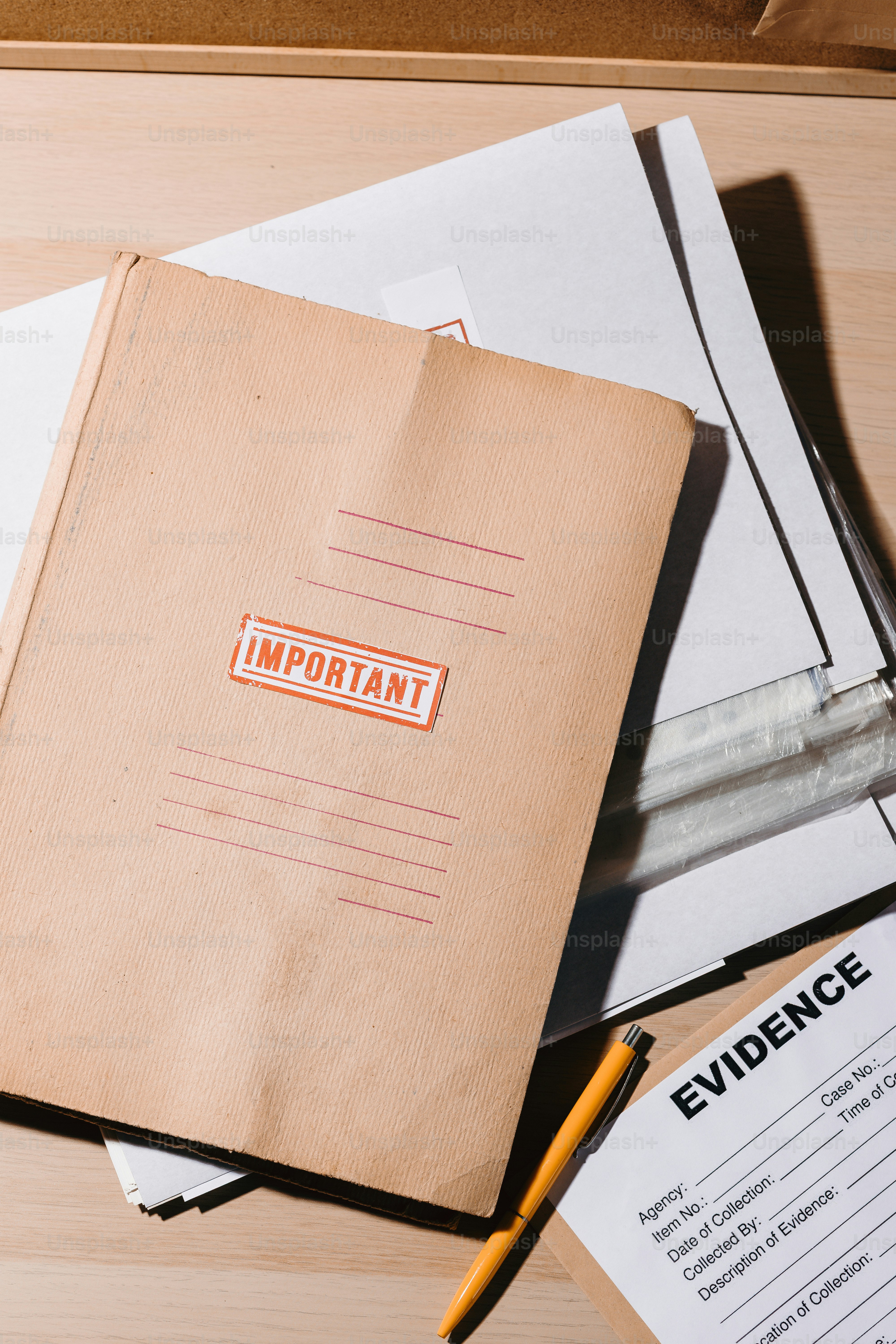 Brown folder labeled important with evidence forms.