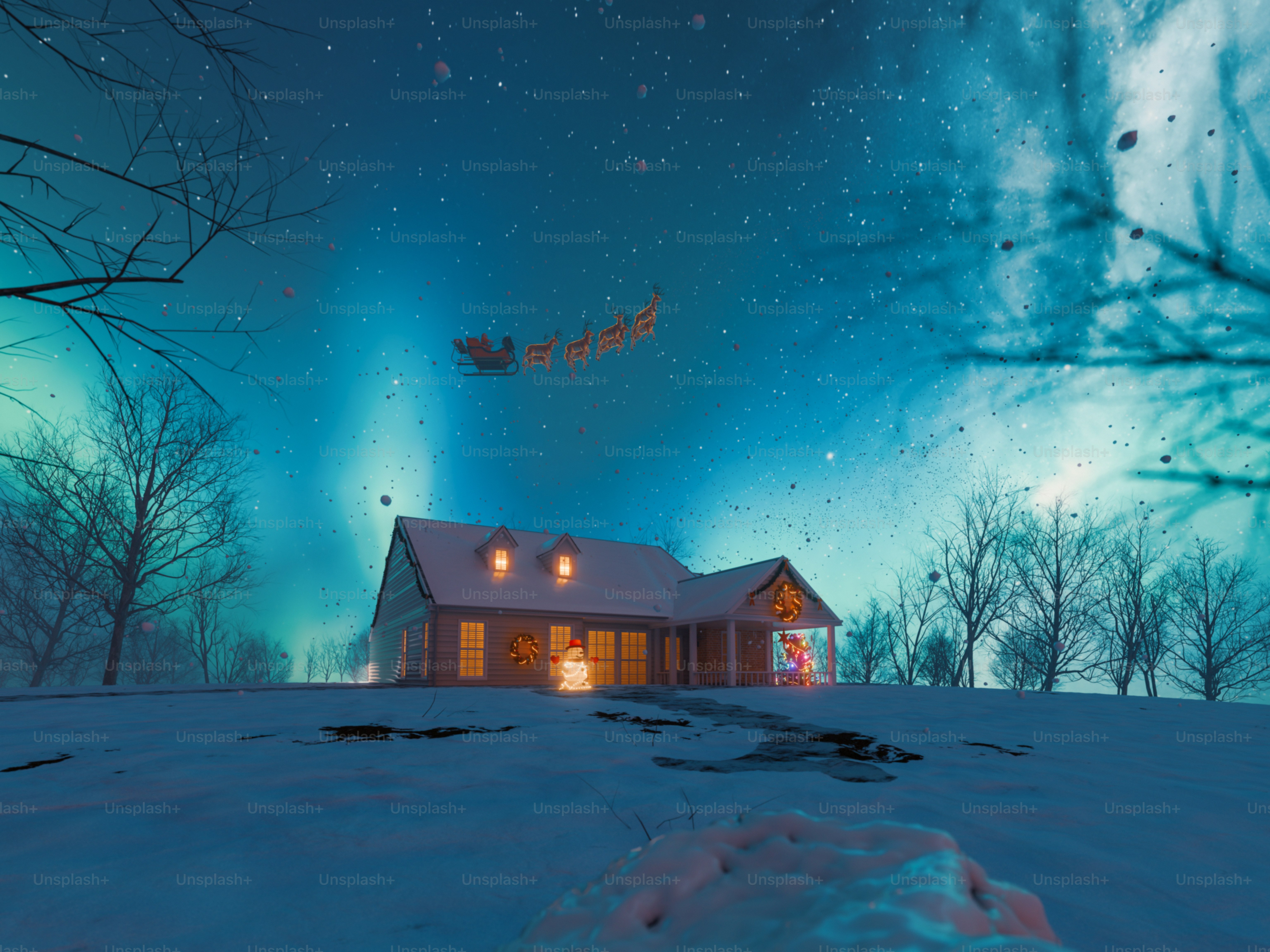 Santa's sleigh flies over a snowy house at night