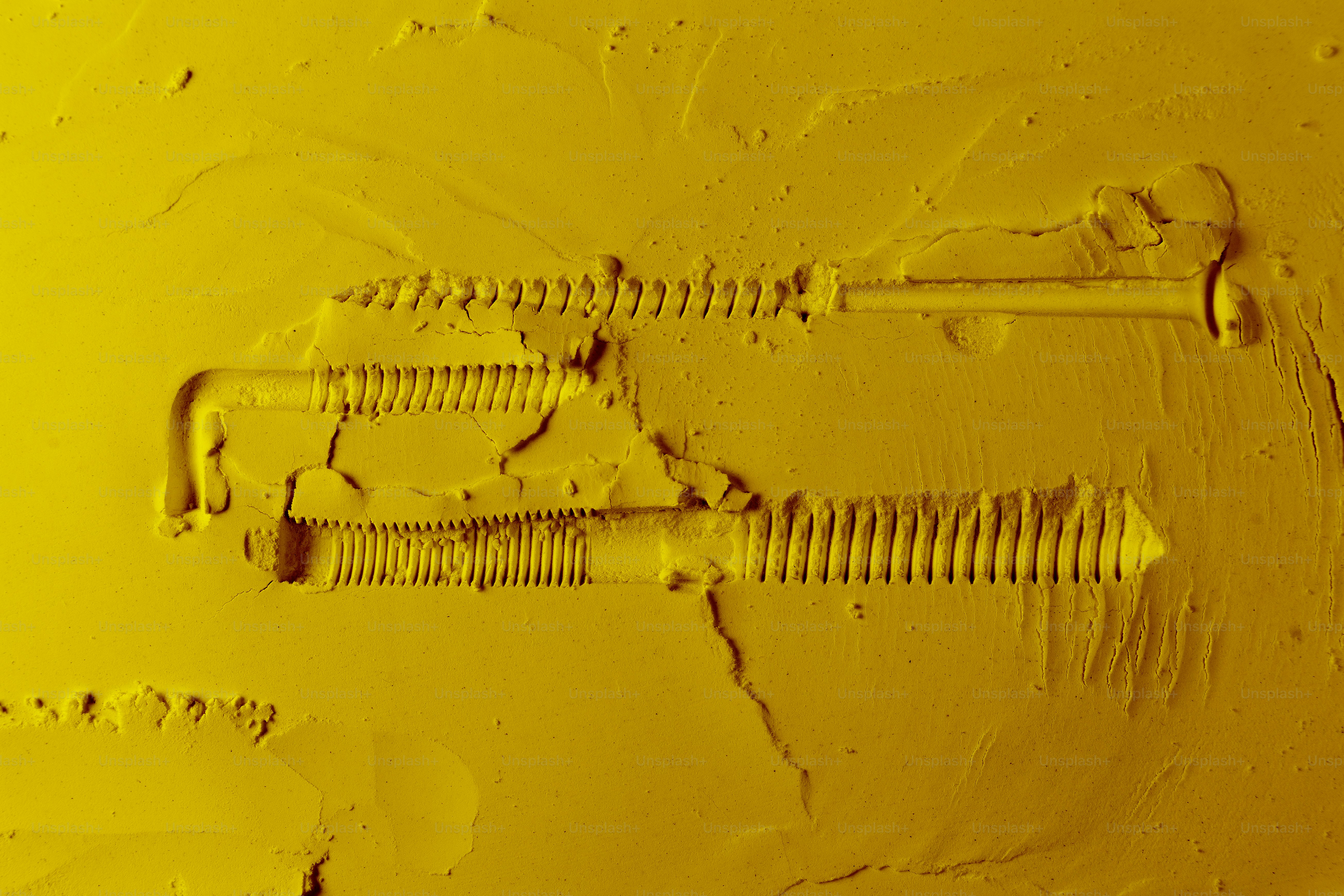 Two screws embedded in a yellow surface