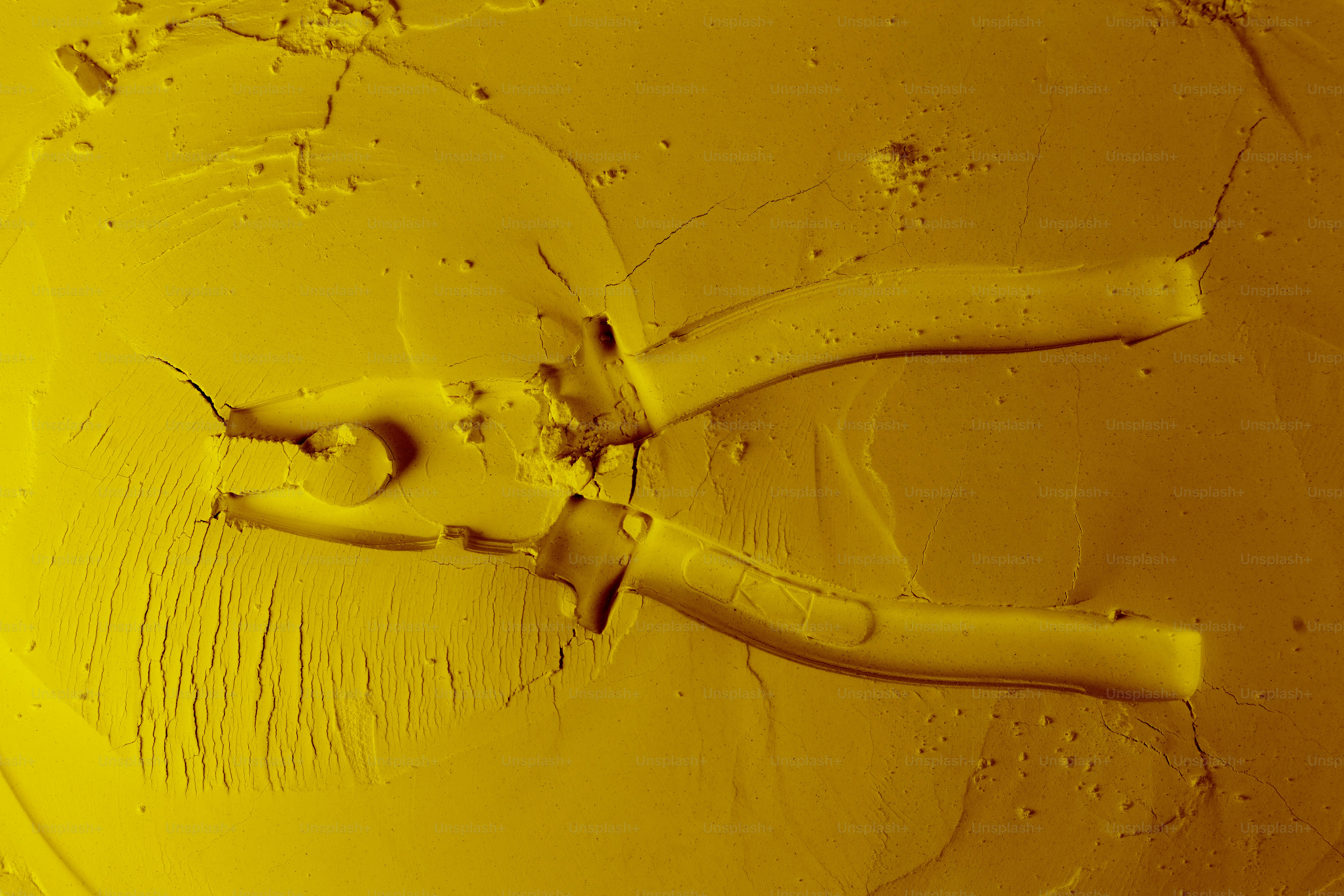 A pair of pliers pressed into yellow clay