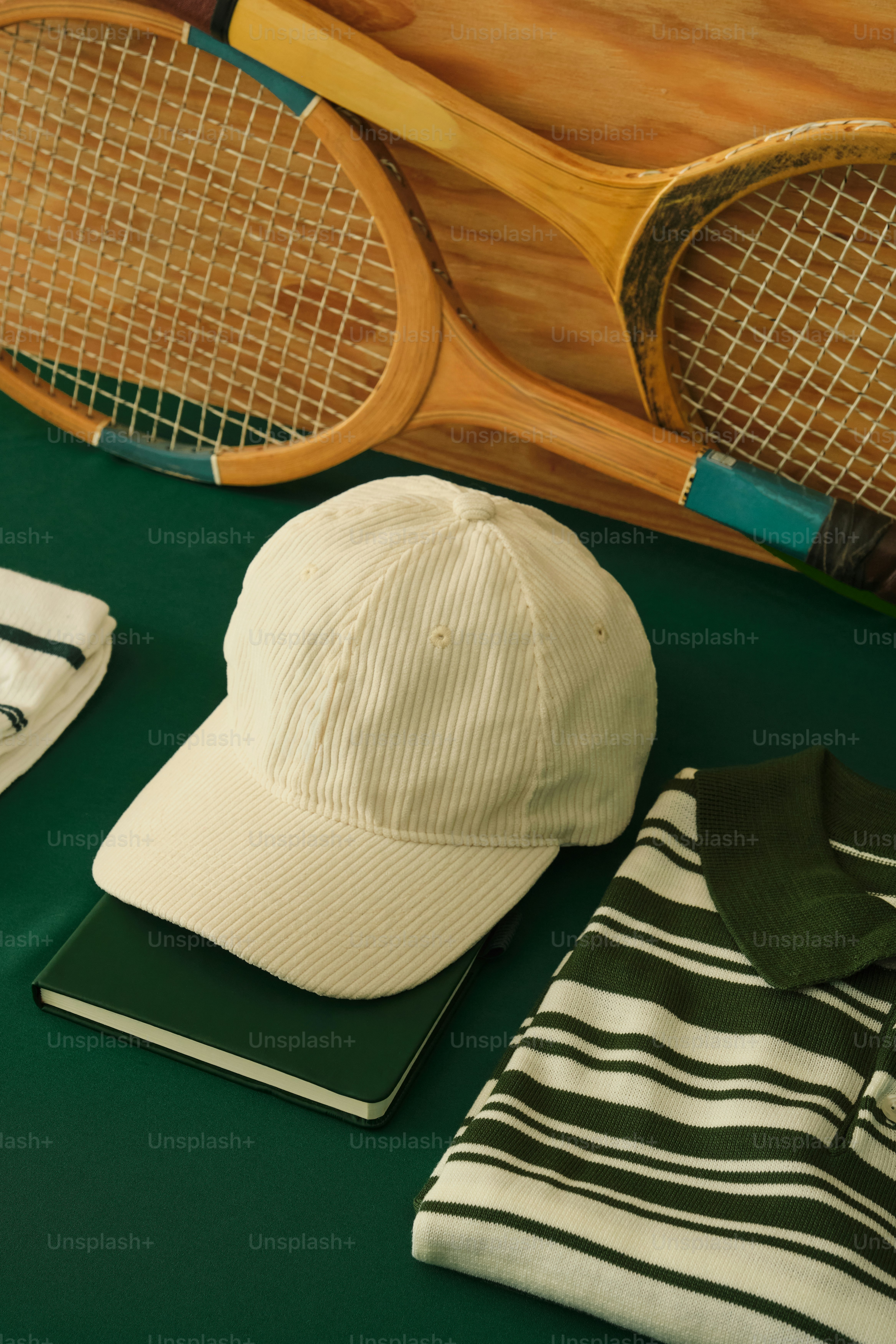 Tennis rackets, cap, shirt, and towel laid out