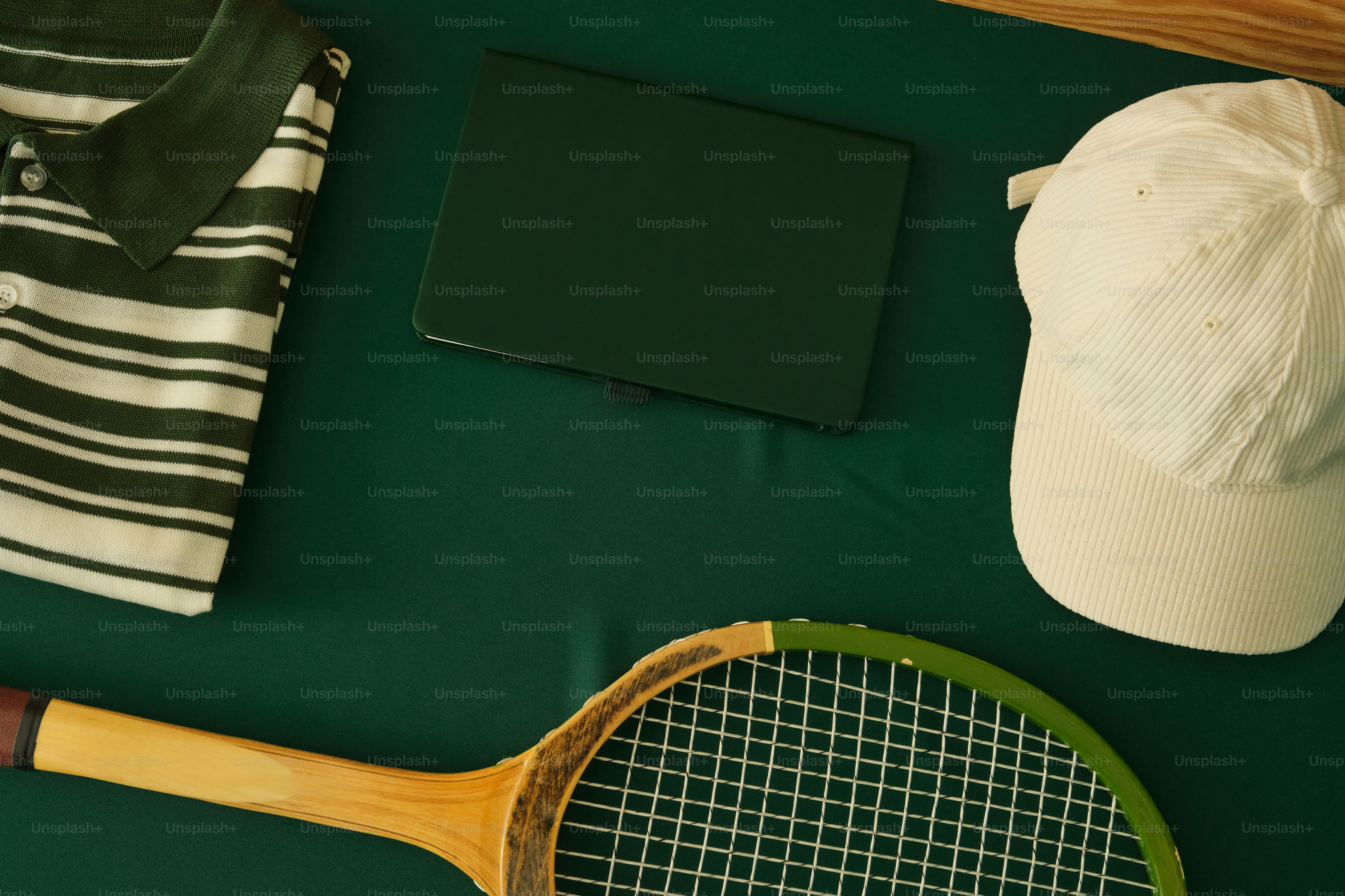 Tennis racket, polo shirt, and duffel bag on wooden surface. photo ...