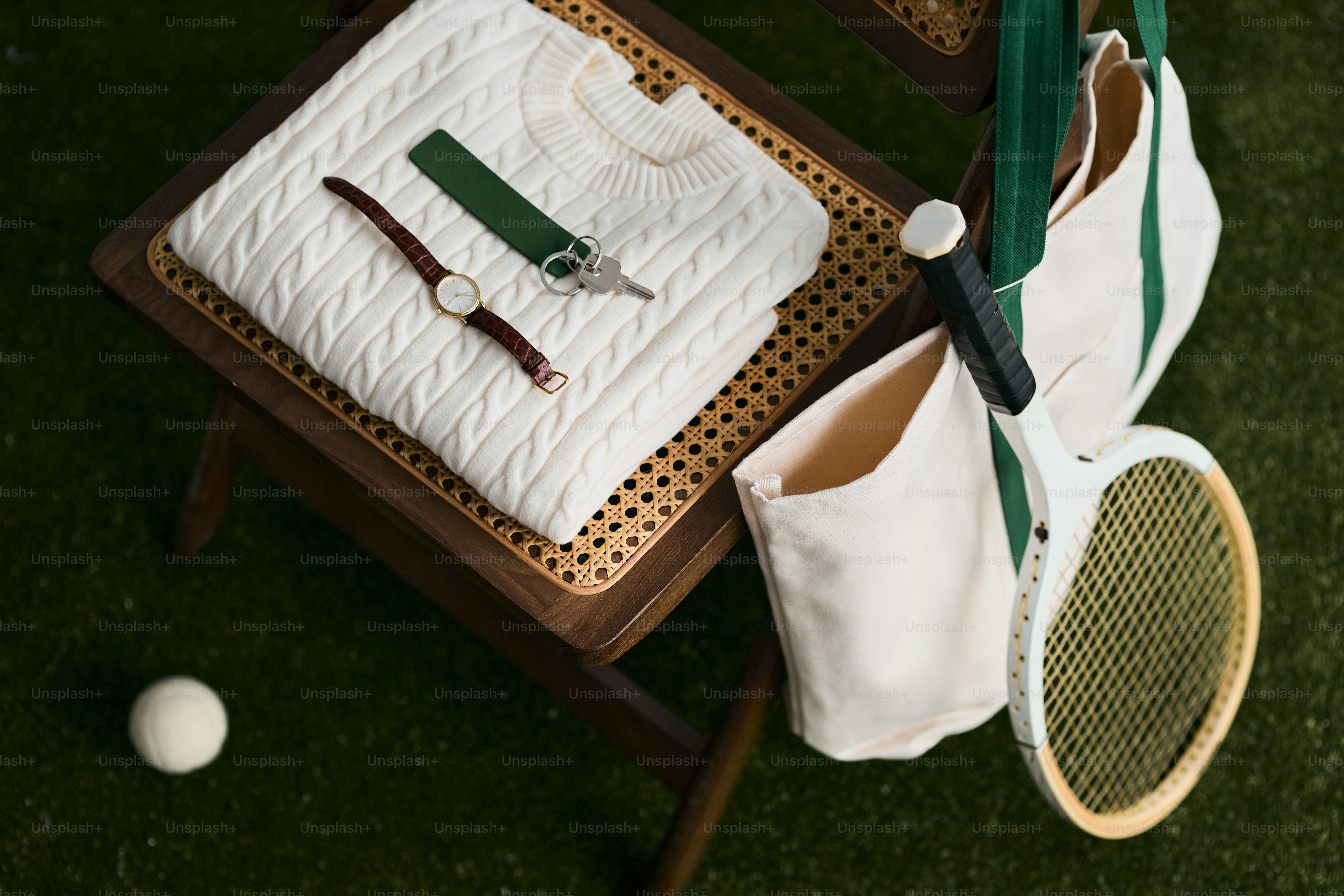 White sweater, watch, and tennis racket on chair.