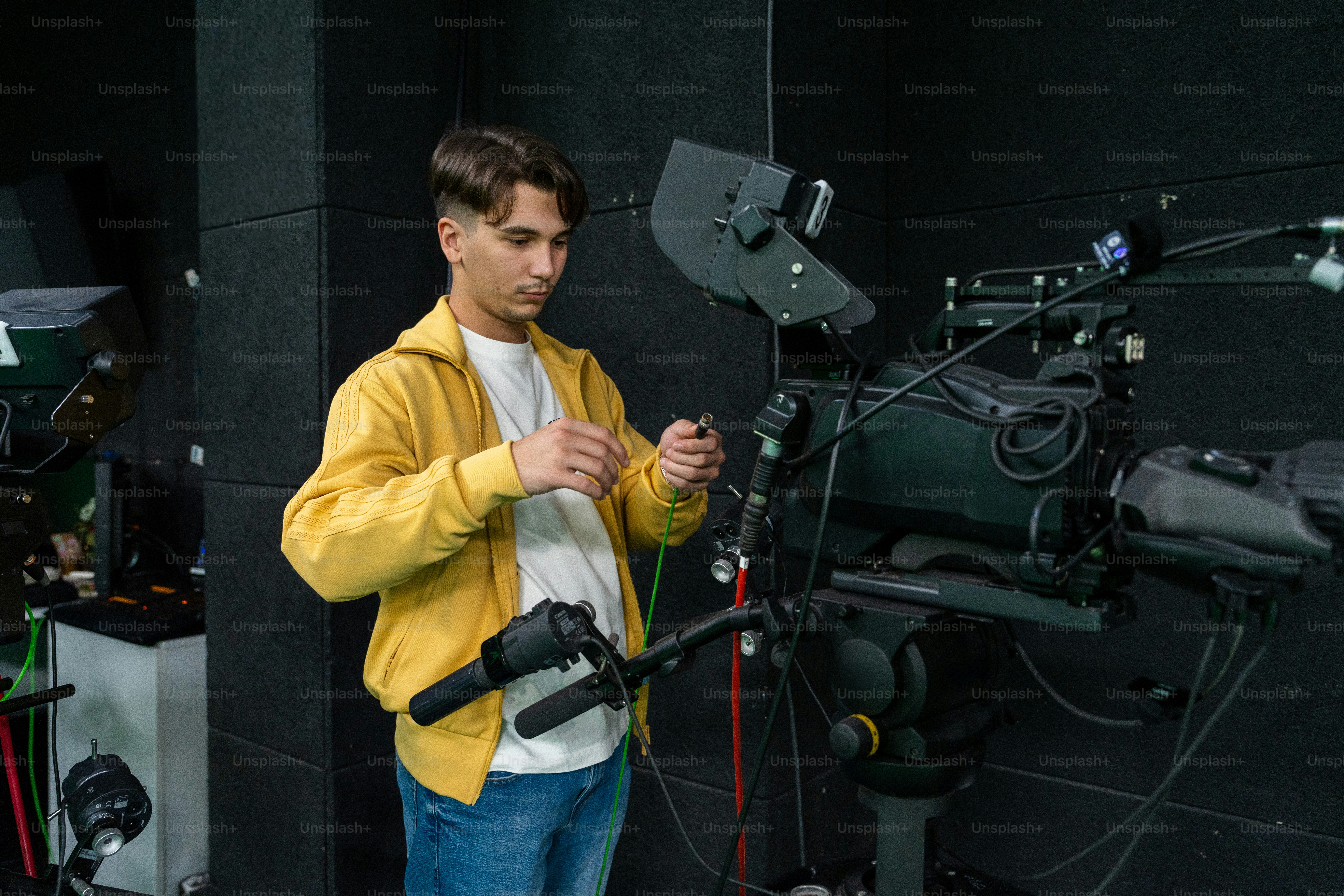 Young man adjusting professional video camera equipment