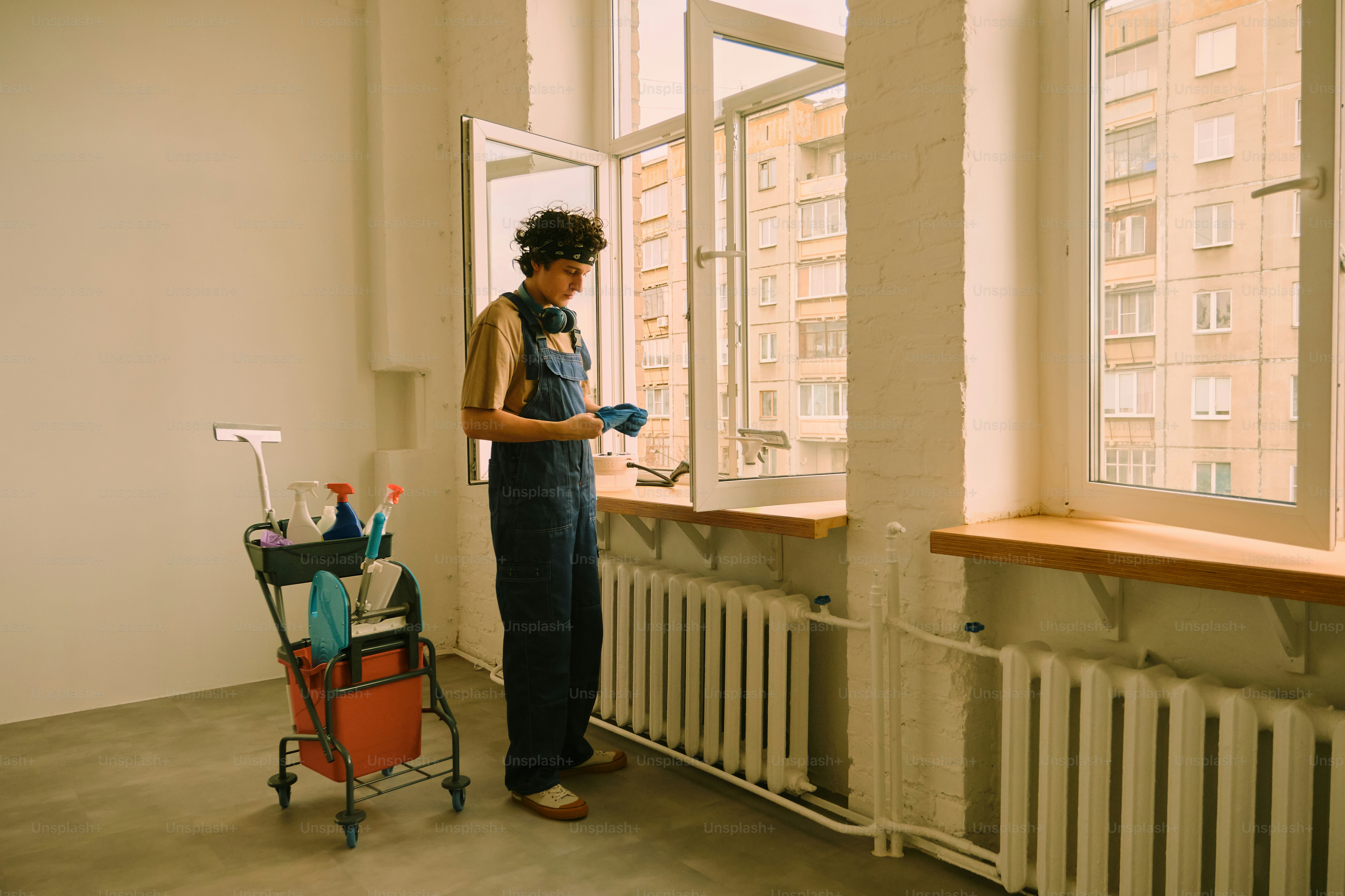 Cleaner with cleaning supplies on a cart. photo – Cleaning Image on ...