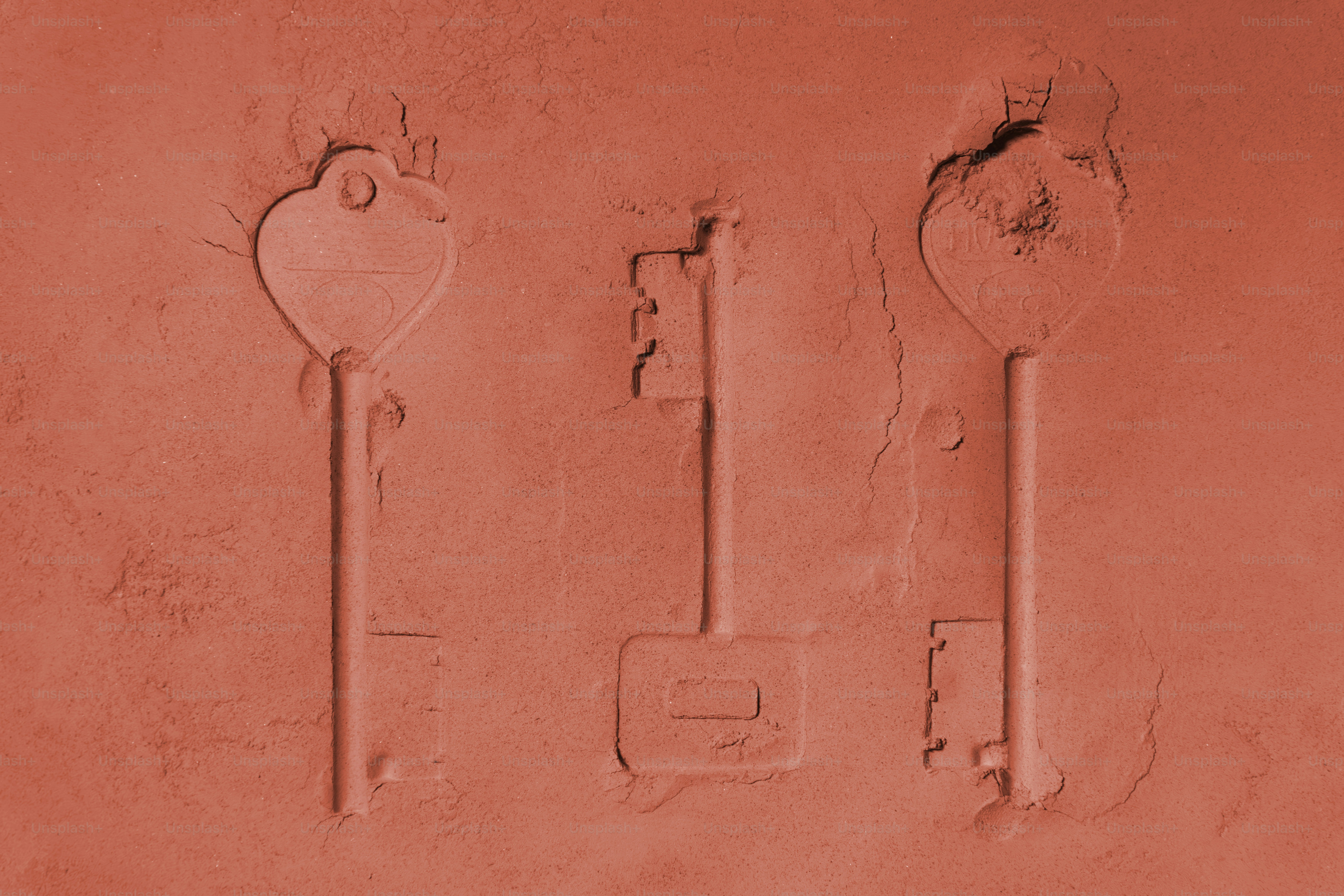 赤みがかった表面に浮き彫りにされた三つのヴィンテージの鍵