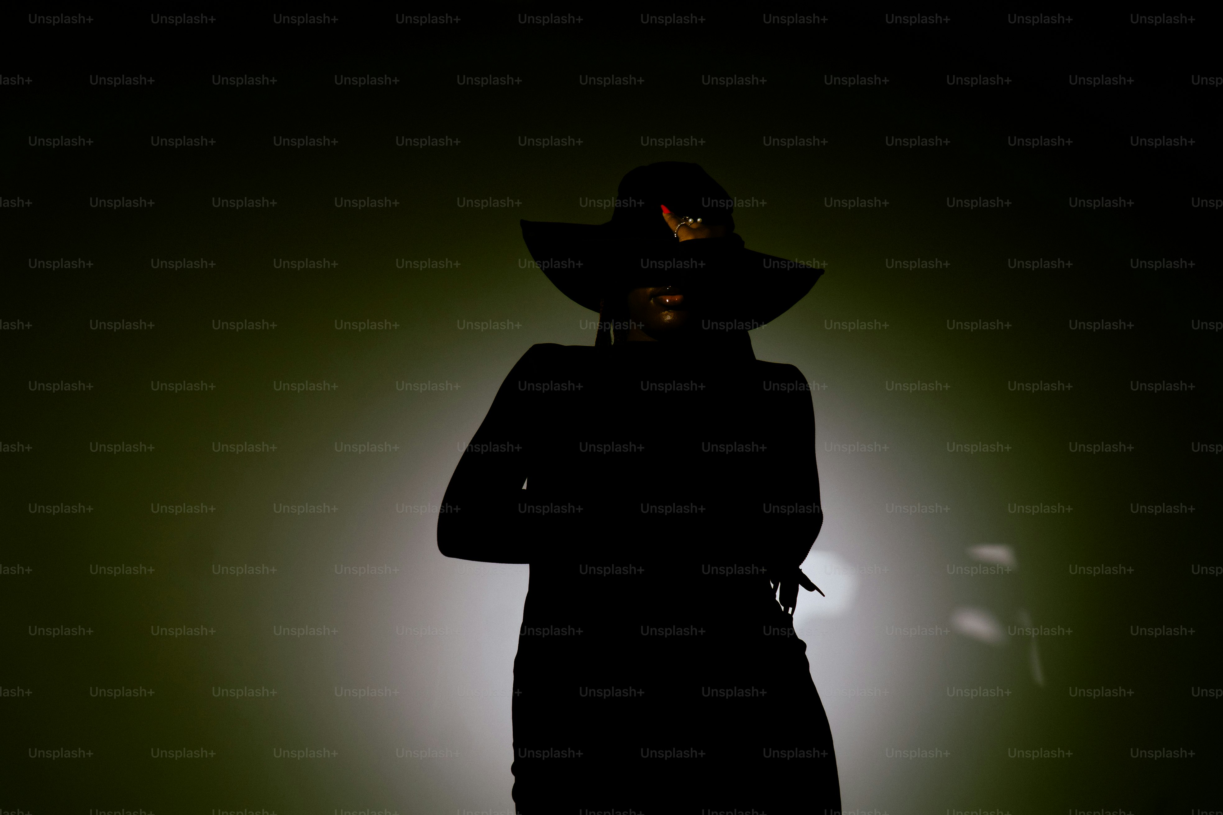 Silueto de una mujer con un sombrero de ala ancha.