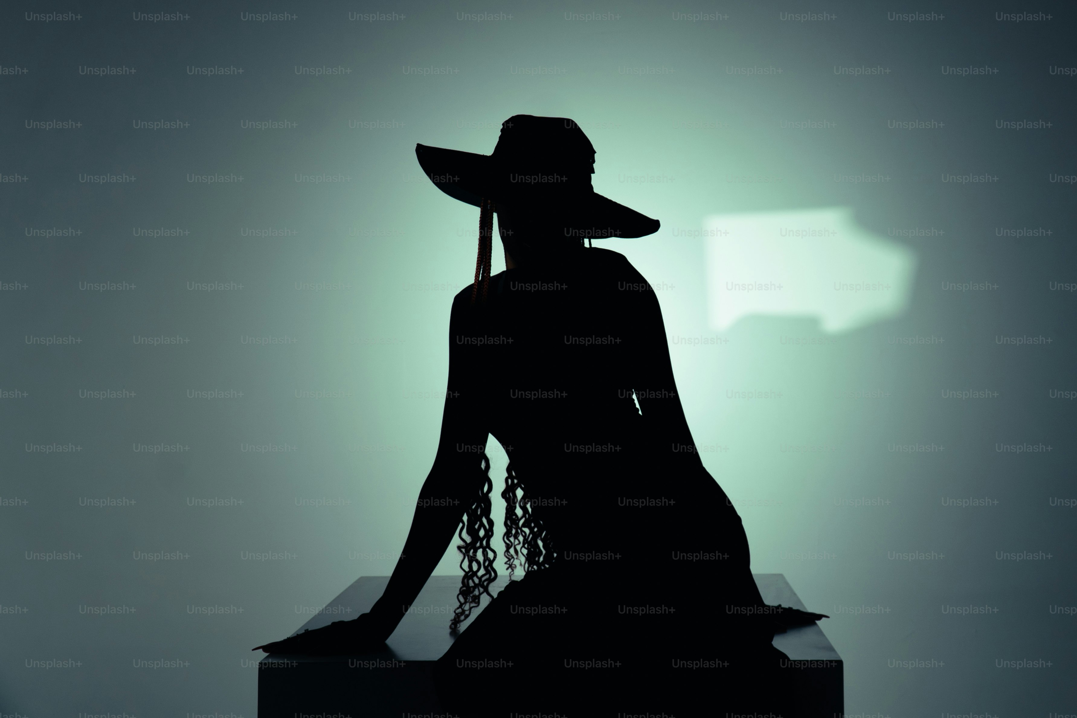 Silueto de una mujer con un sombrero de ala ancha.