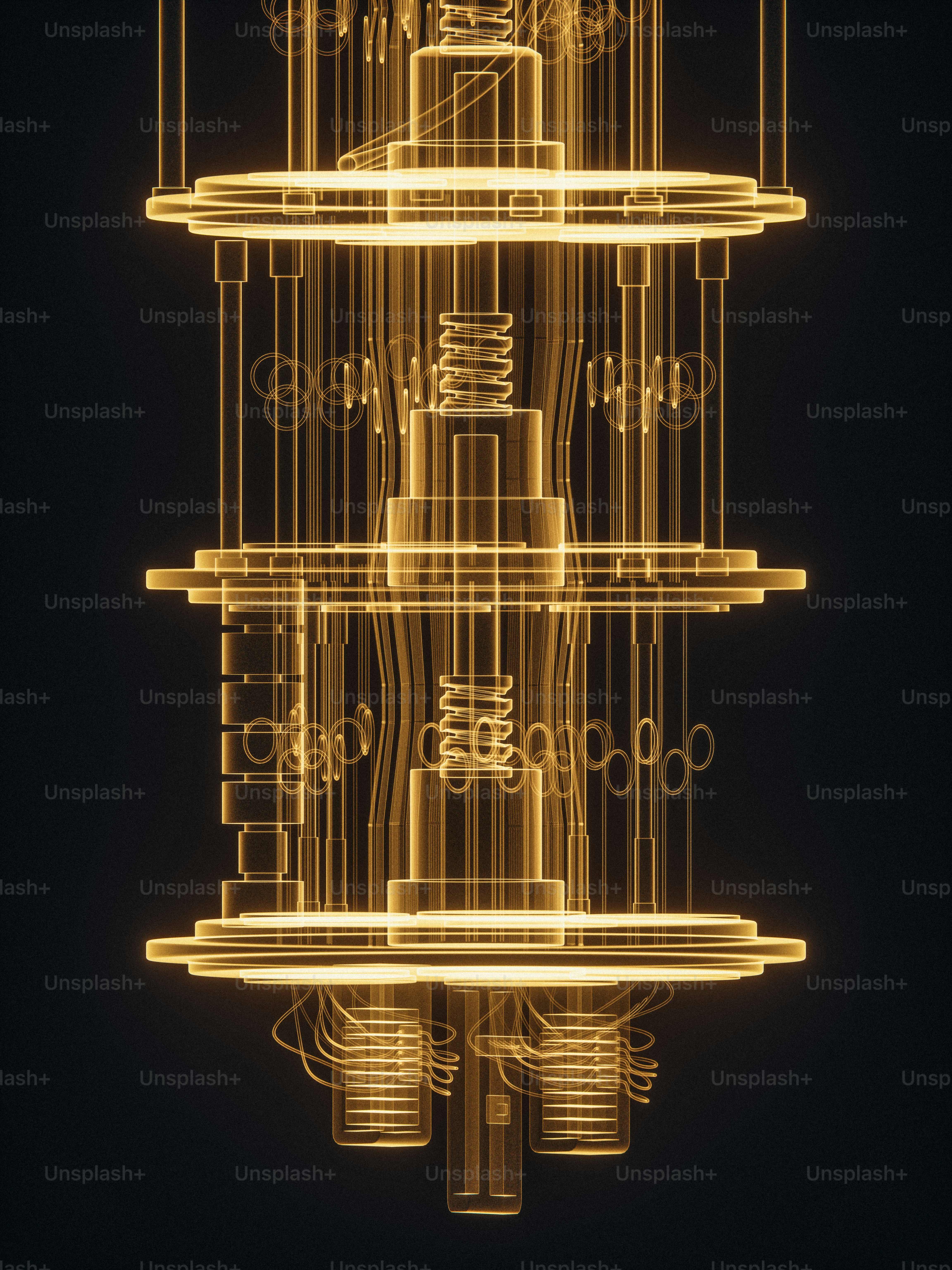 Abstract golden mechanical structure evoking quantum hardware visualization