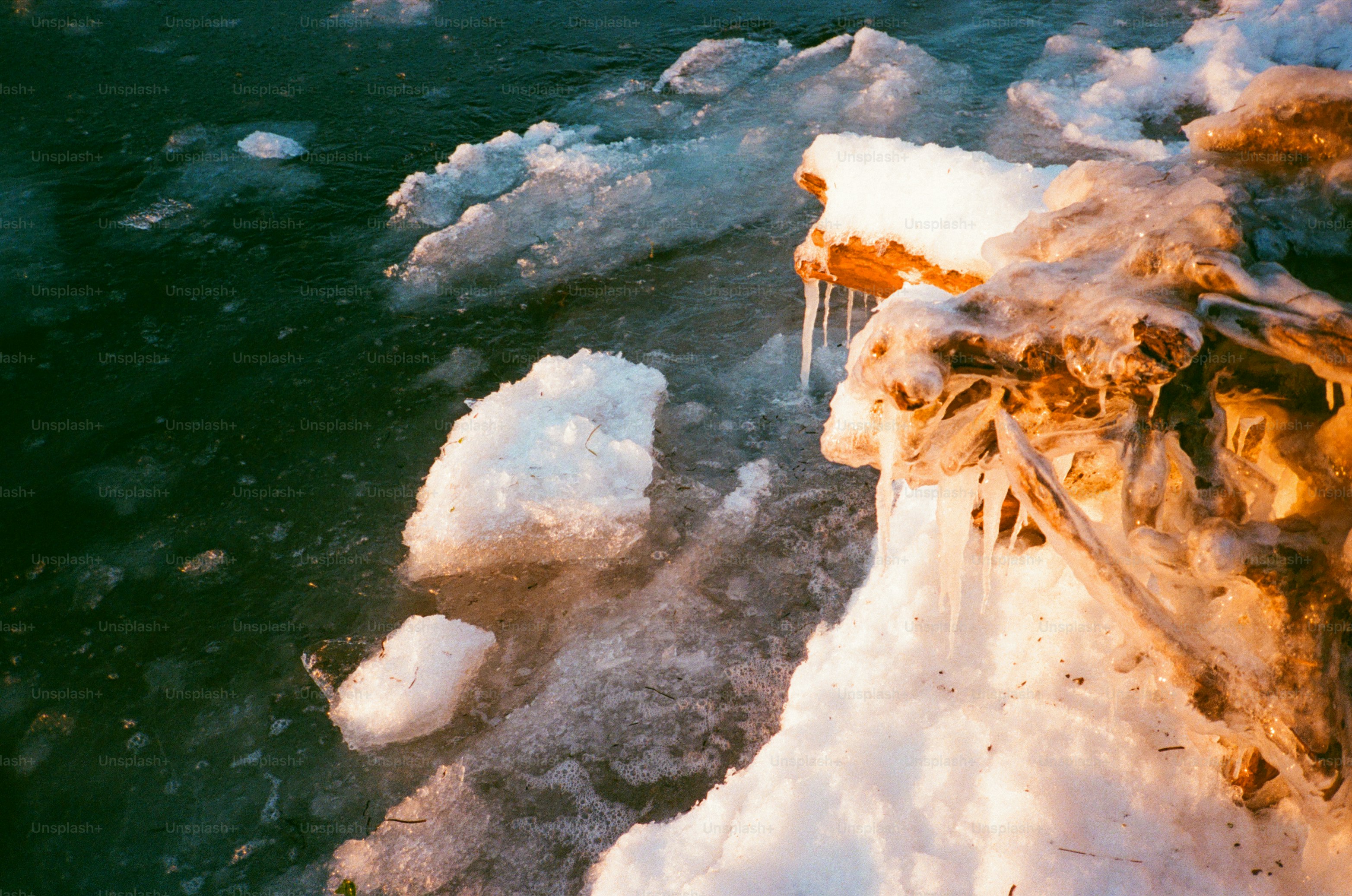 Ice formations on a wooden post near water