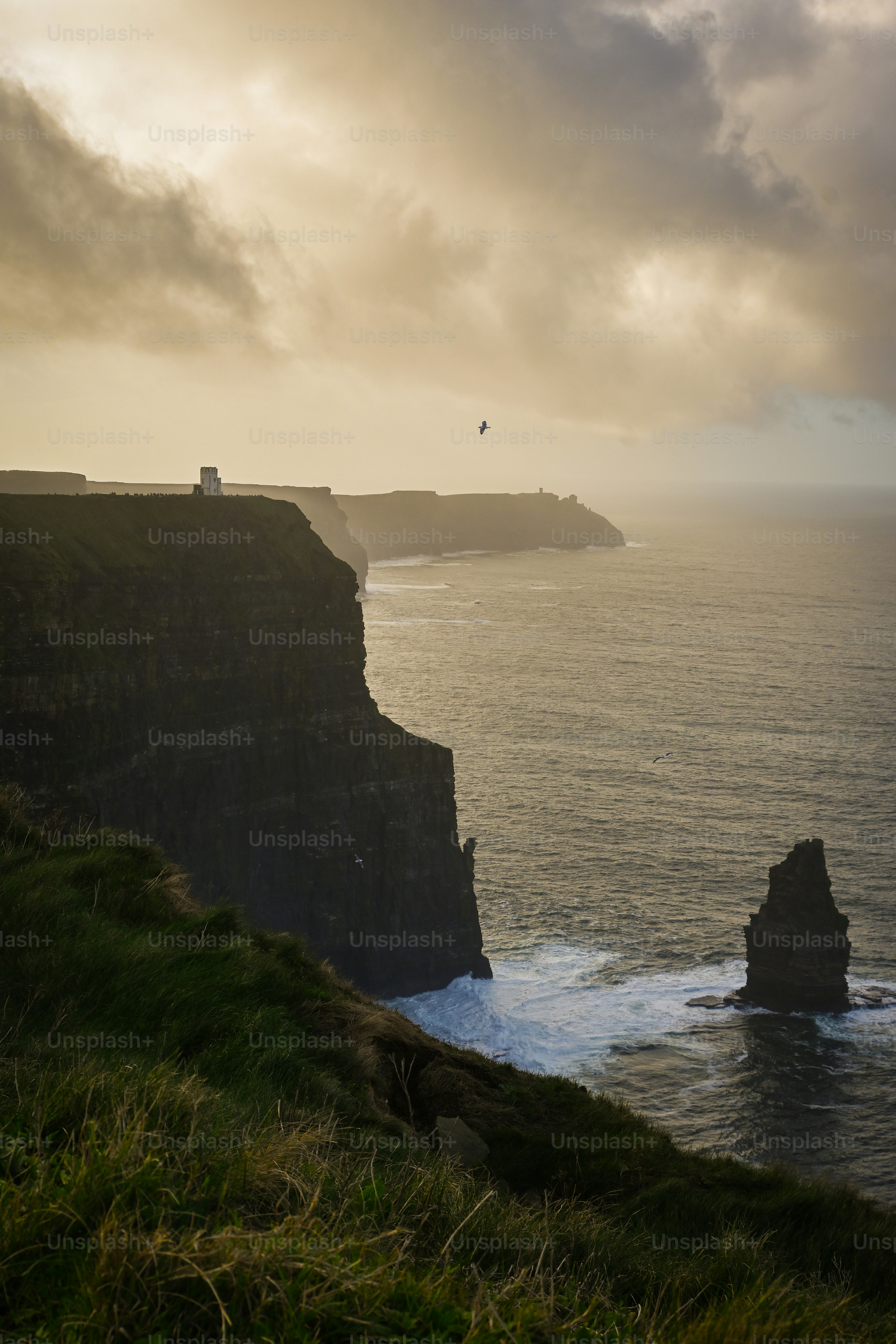 Dramatic cliffs meet the ocean under a cloudy sky.