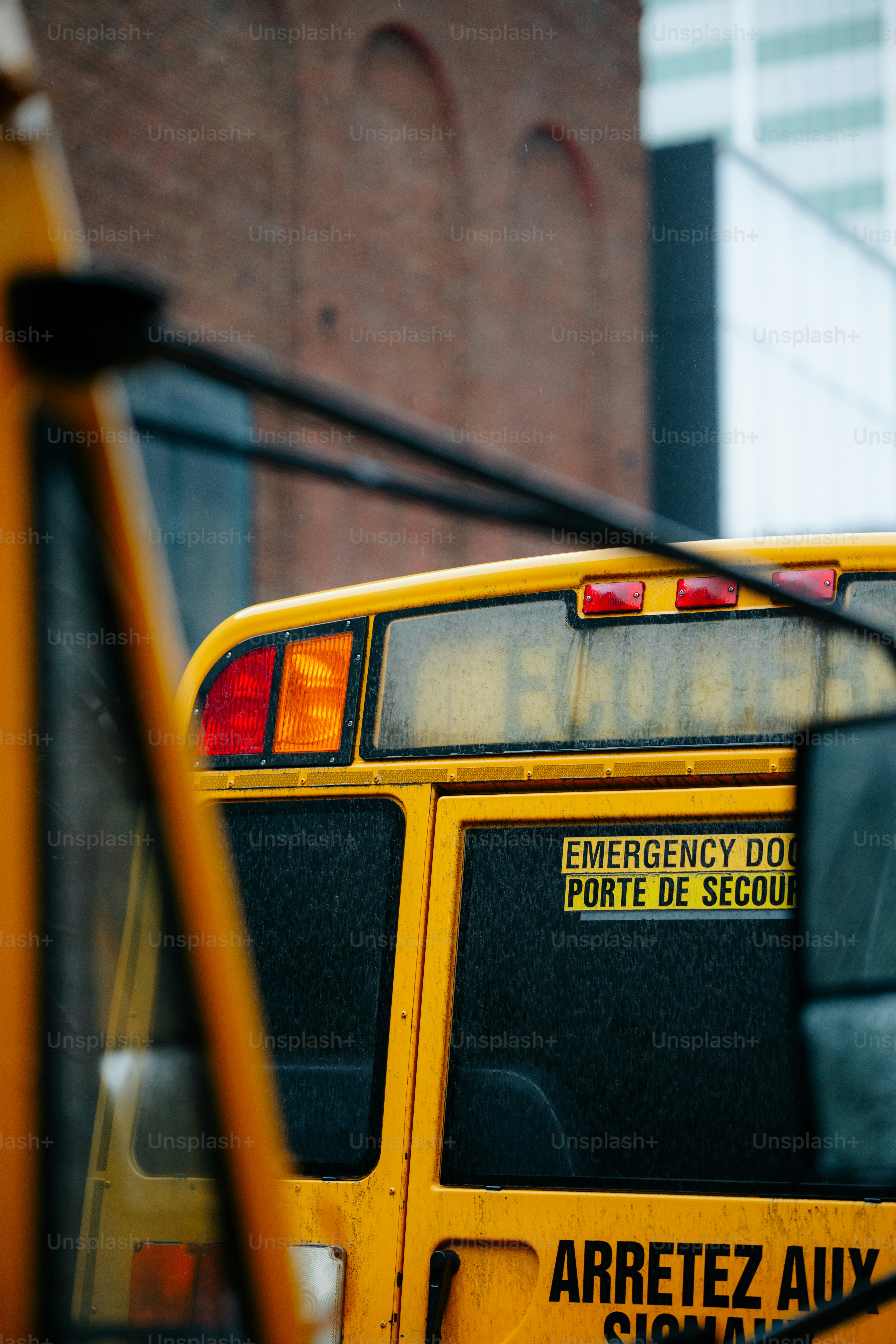 Rear view of a yellow school bus
