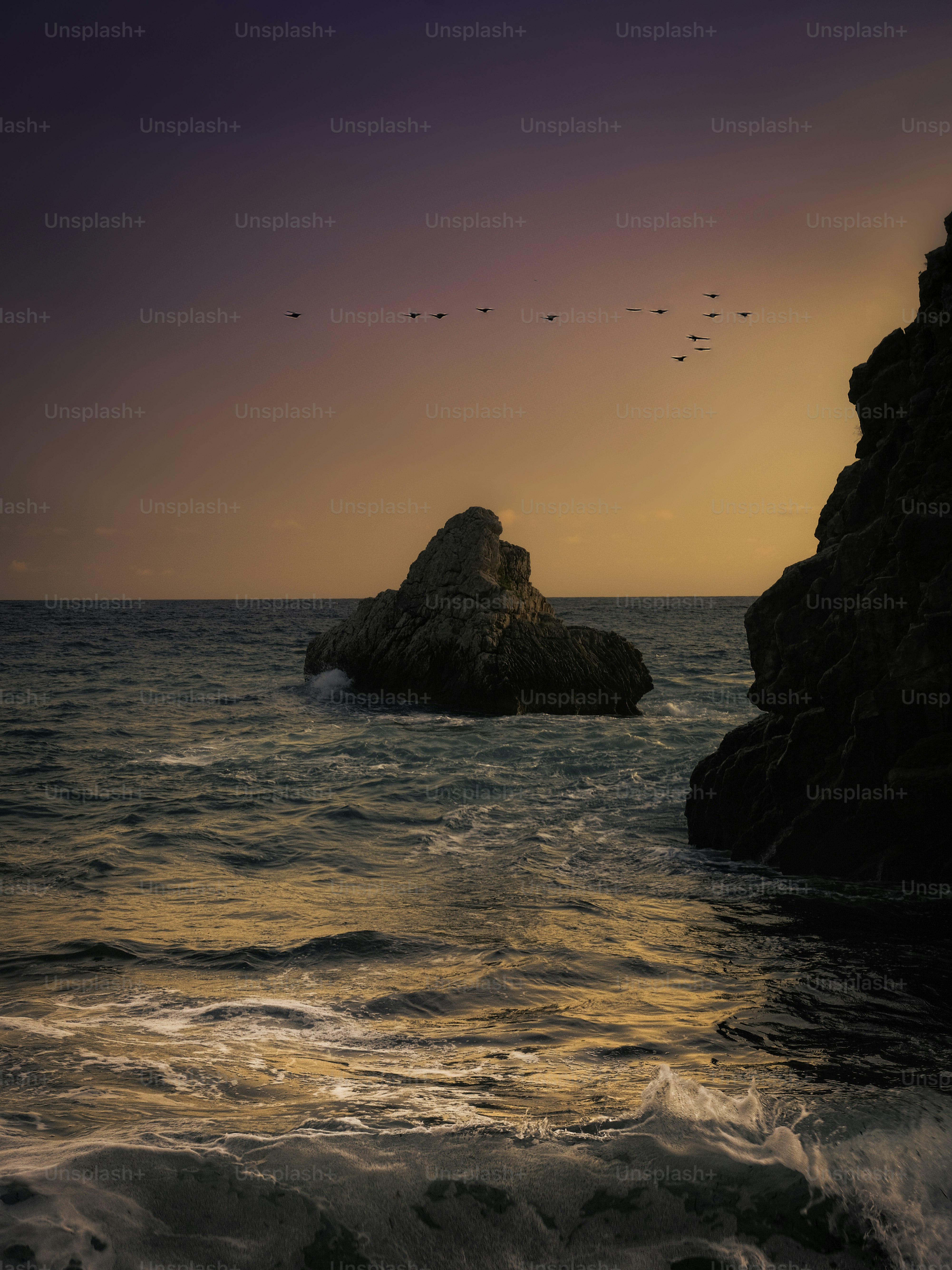 Wellen schlagen bei Sonnenuntergang gegen Felsen, während Vögel fliegen.