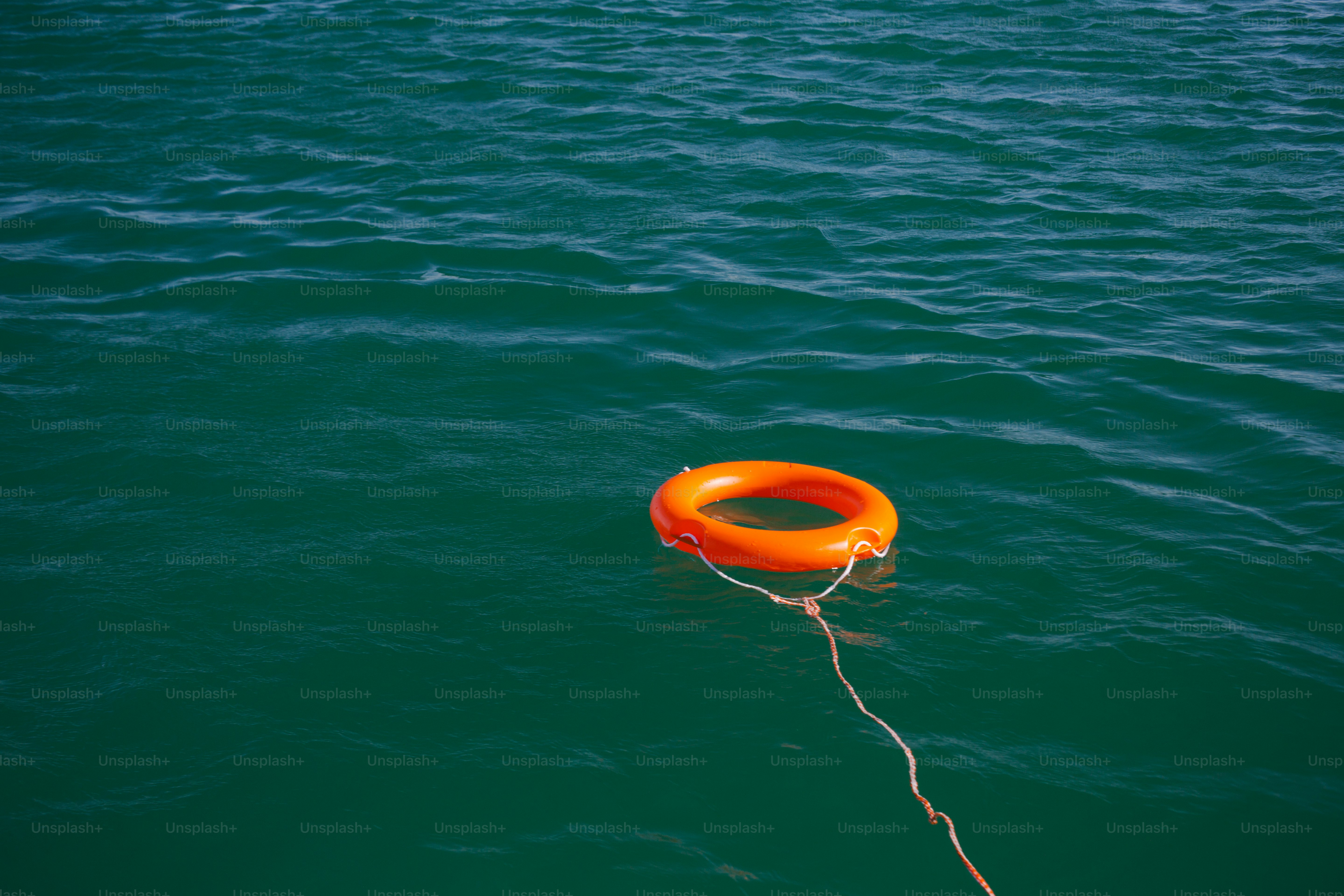 Orange life preserver floating on green water