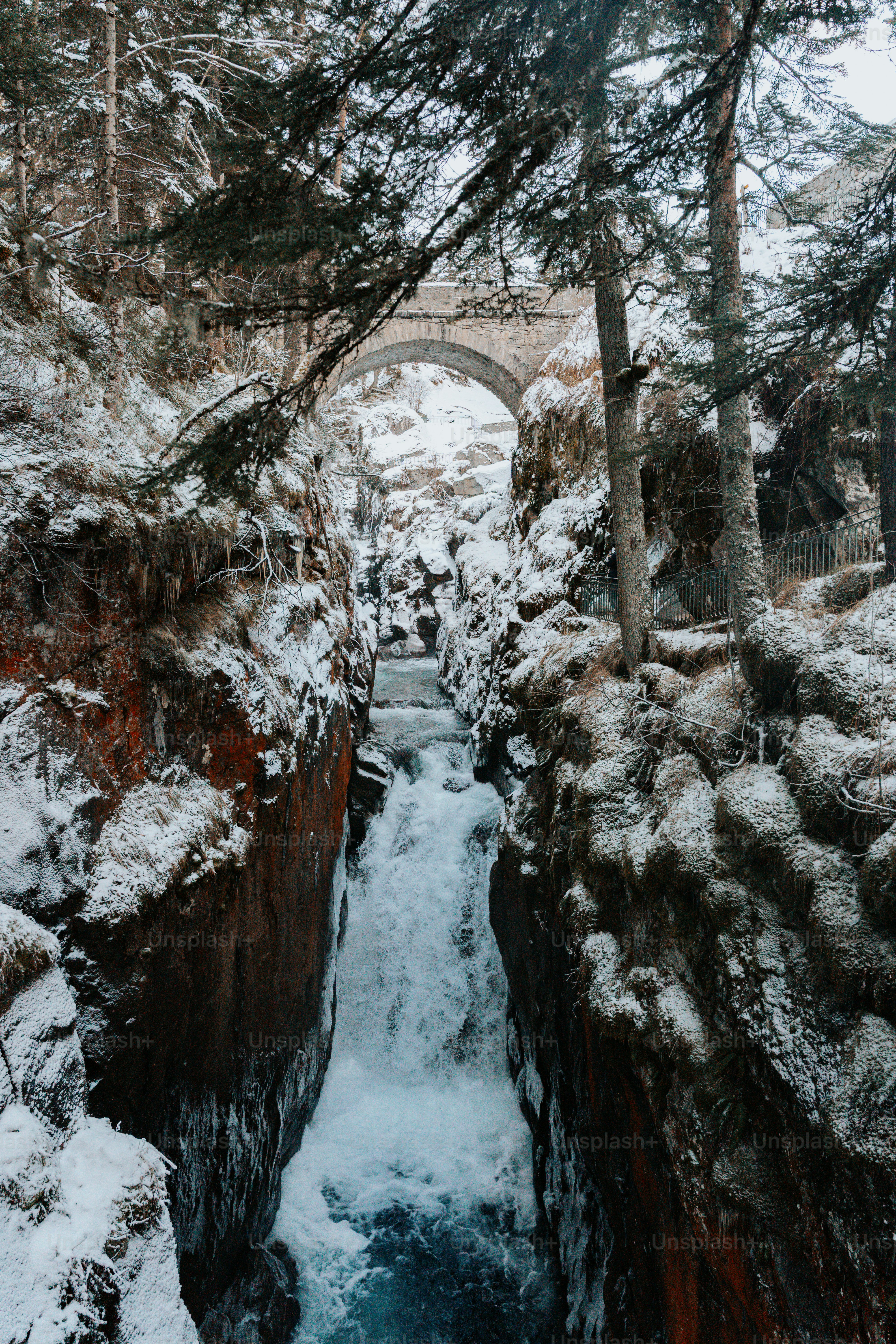 Garganta nevada con cascada y puente de piedra