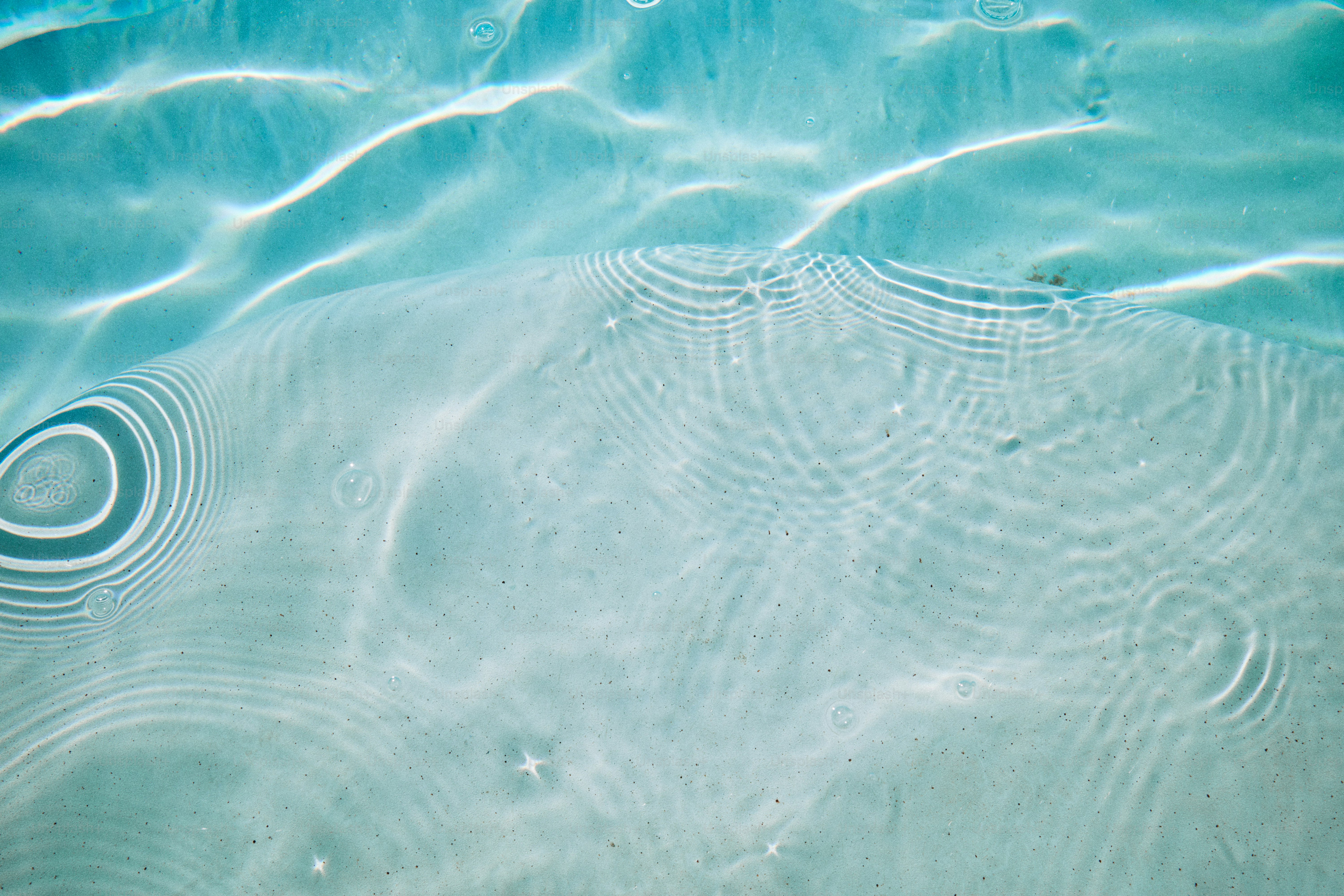 Sunlight reflects on the surface of clear blue water.