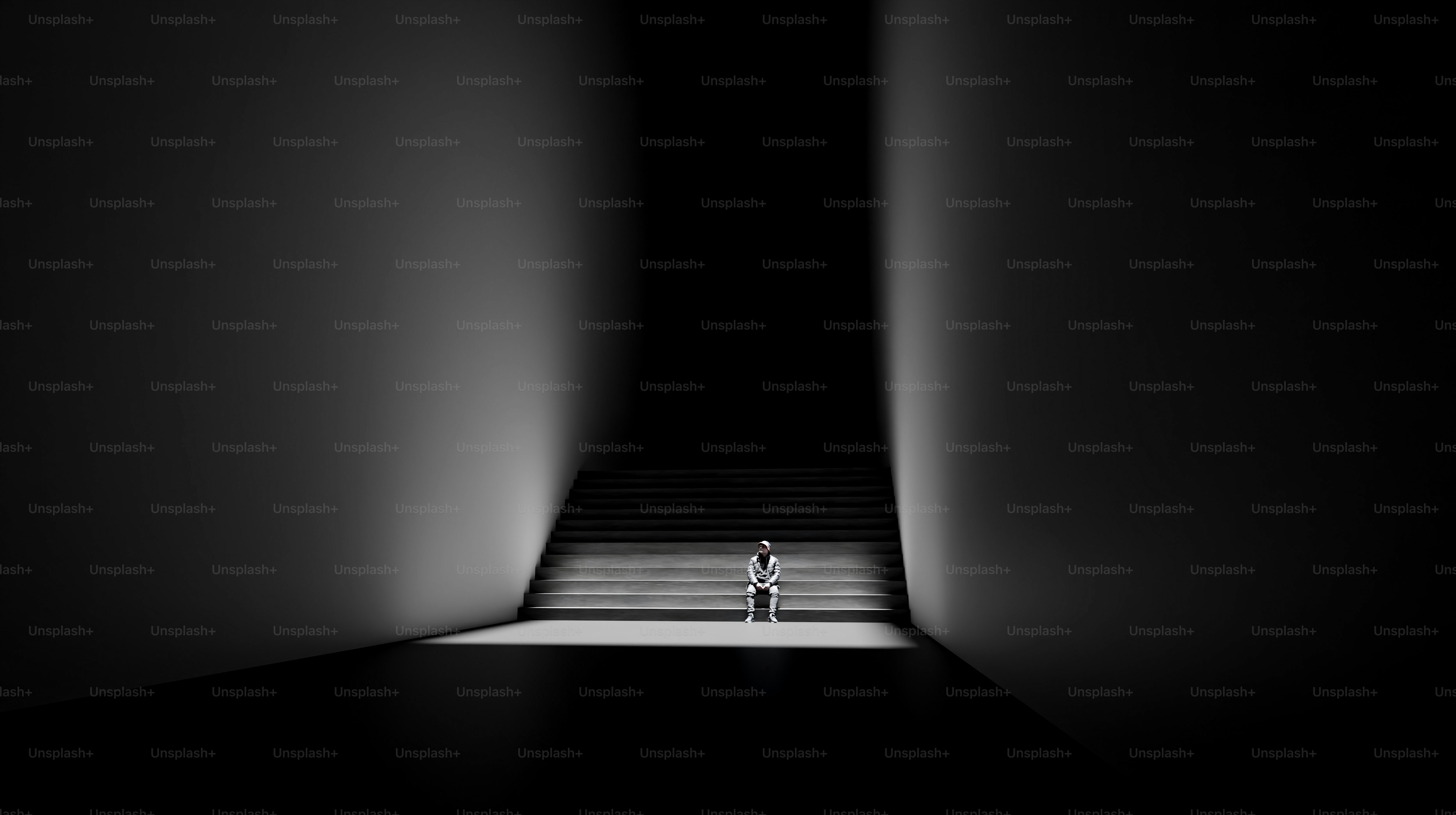 A lone figure stands on illuminated stairs in darkness.