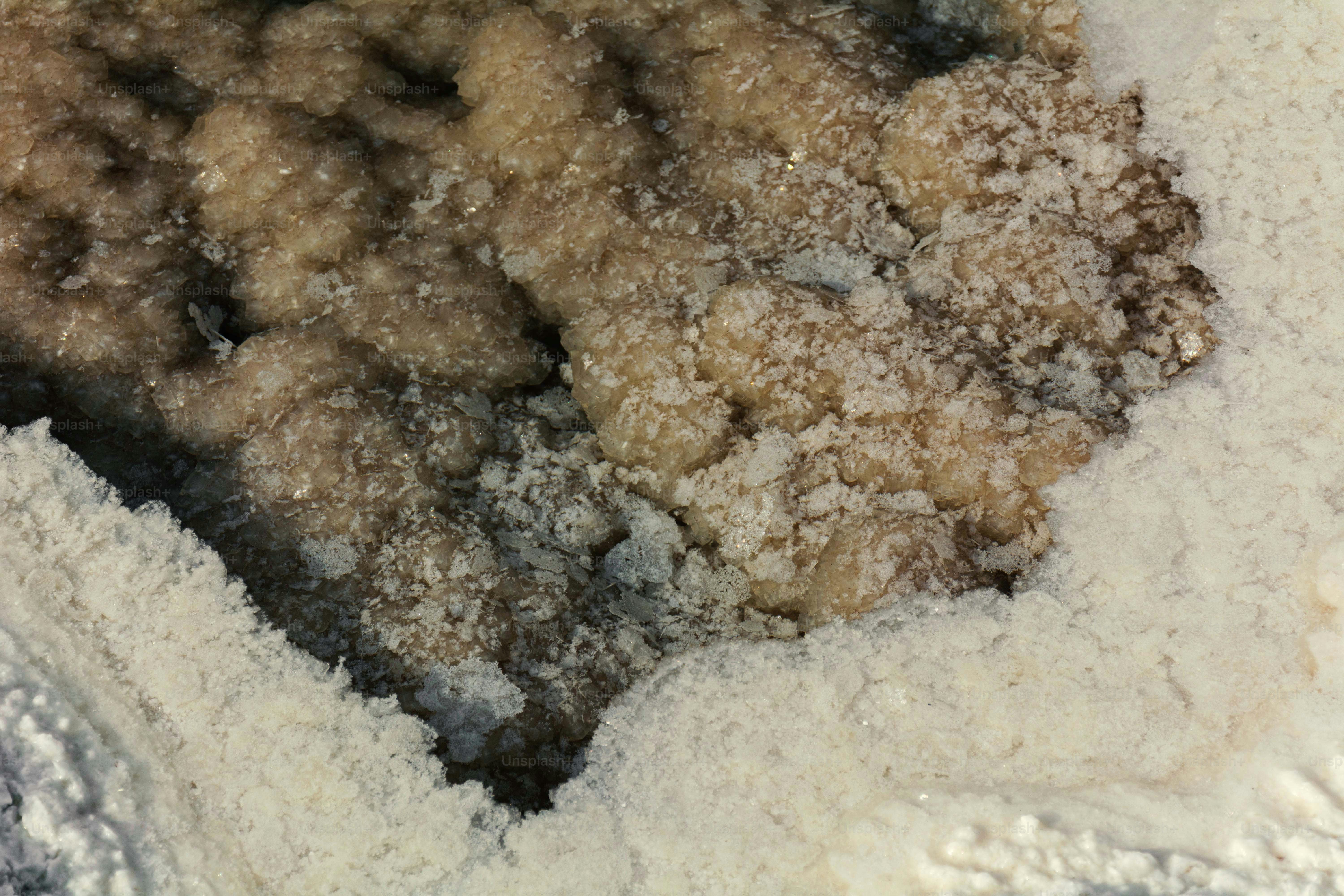 Close up of crystalline salt formations in a cave.