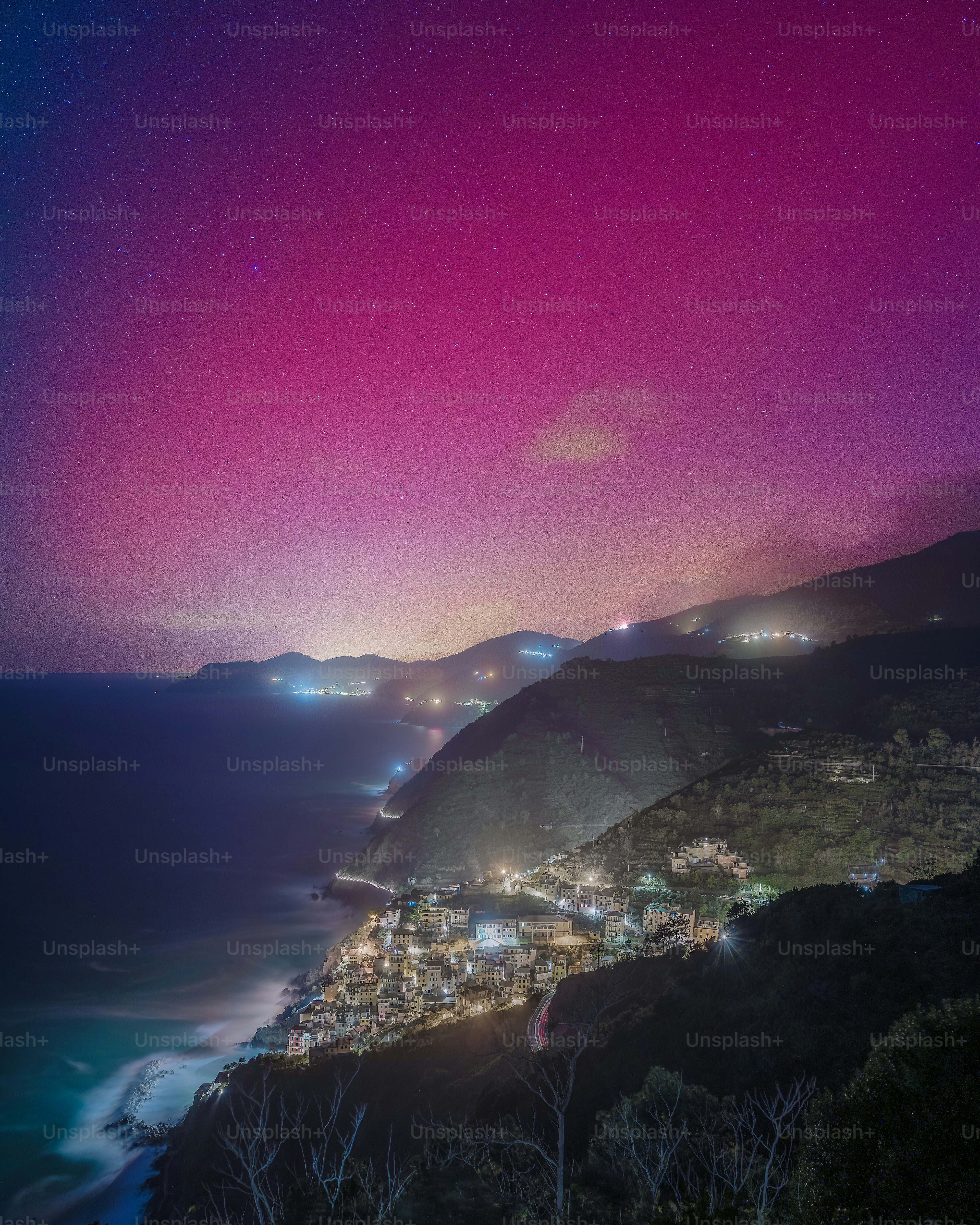 Coastal village lights under a starry night sky