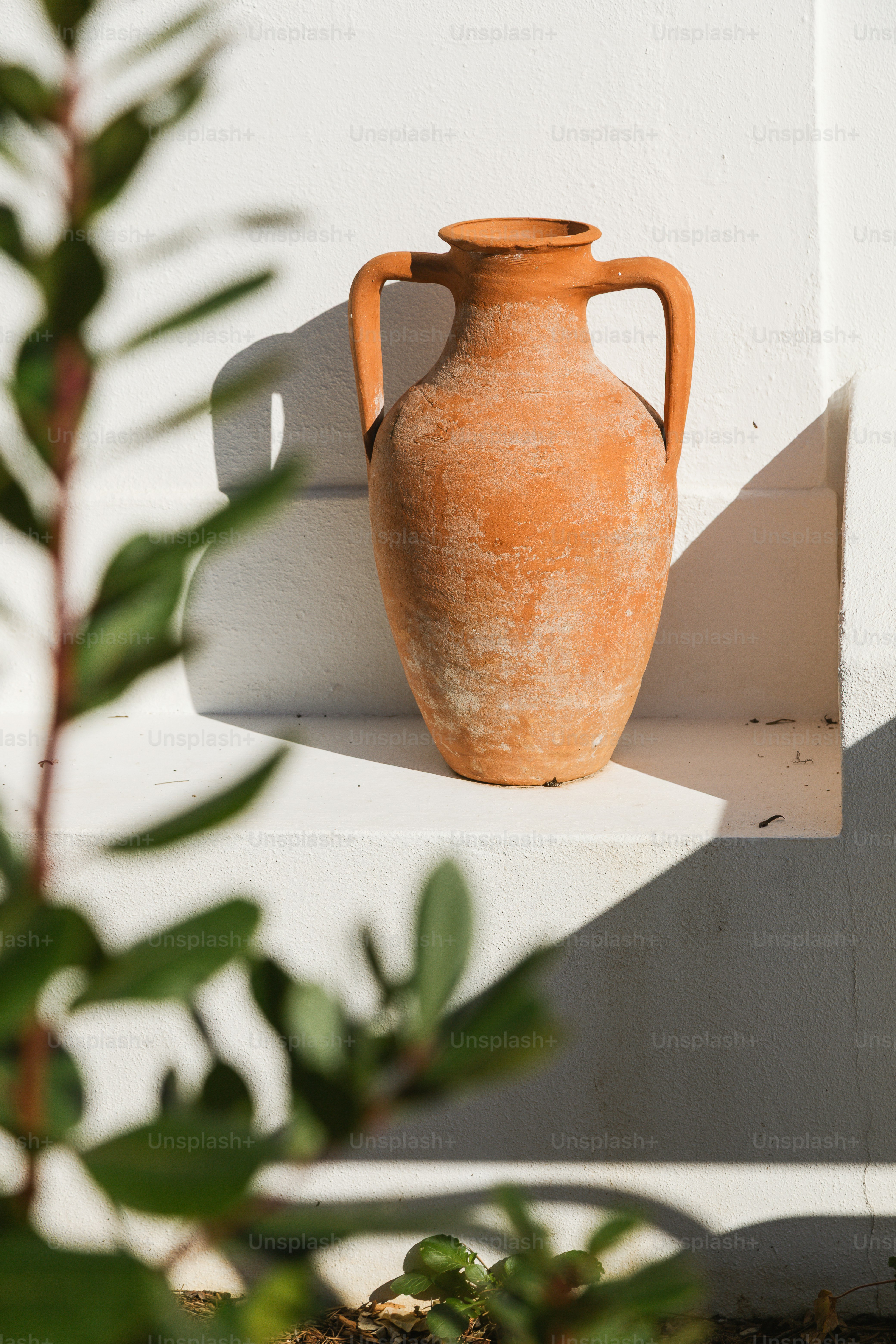 Terrakotta-Amphorenvase auf einem weißen Sims.