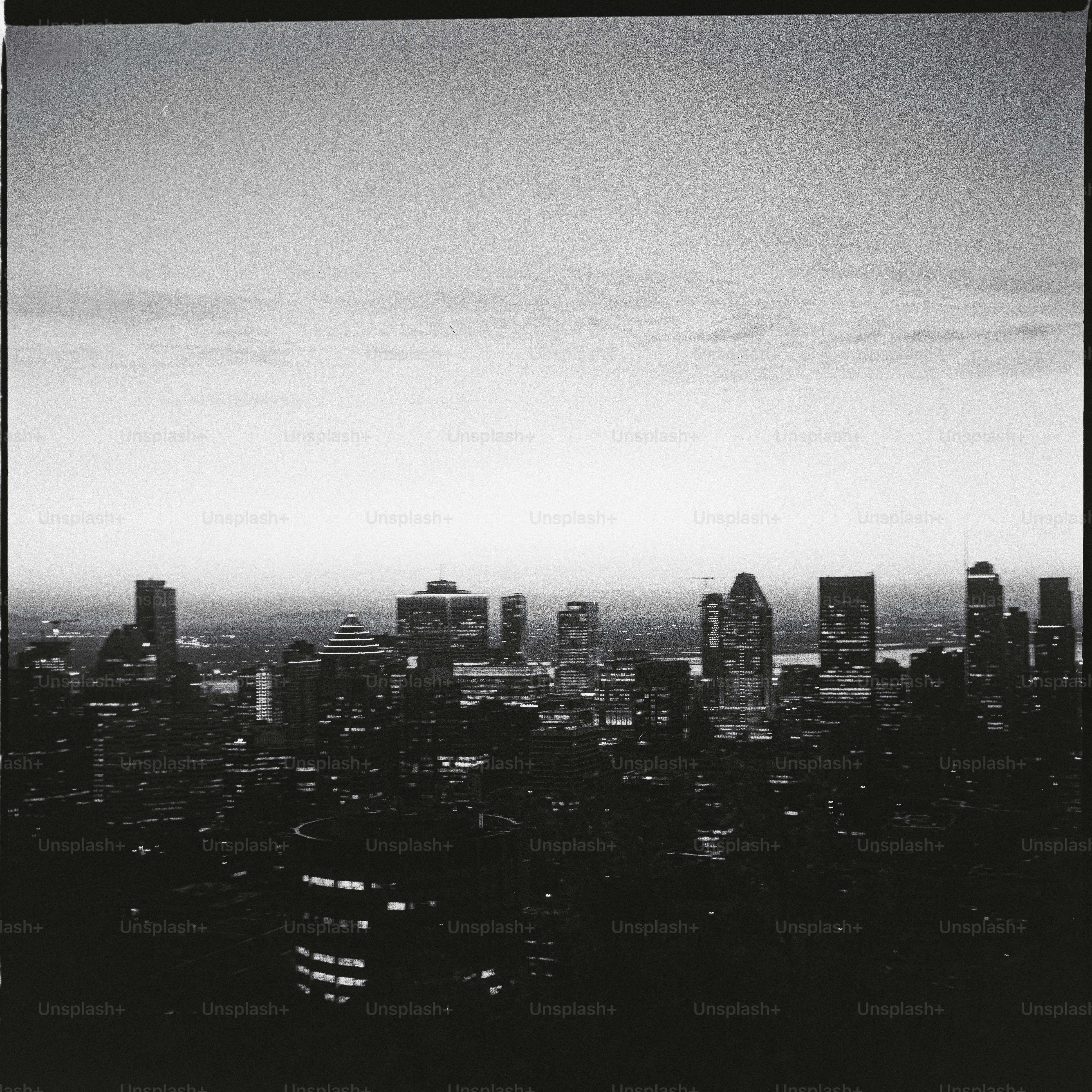Monochromatic cityscape with tall buildings under sky
