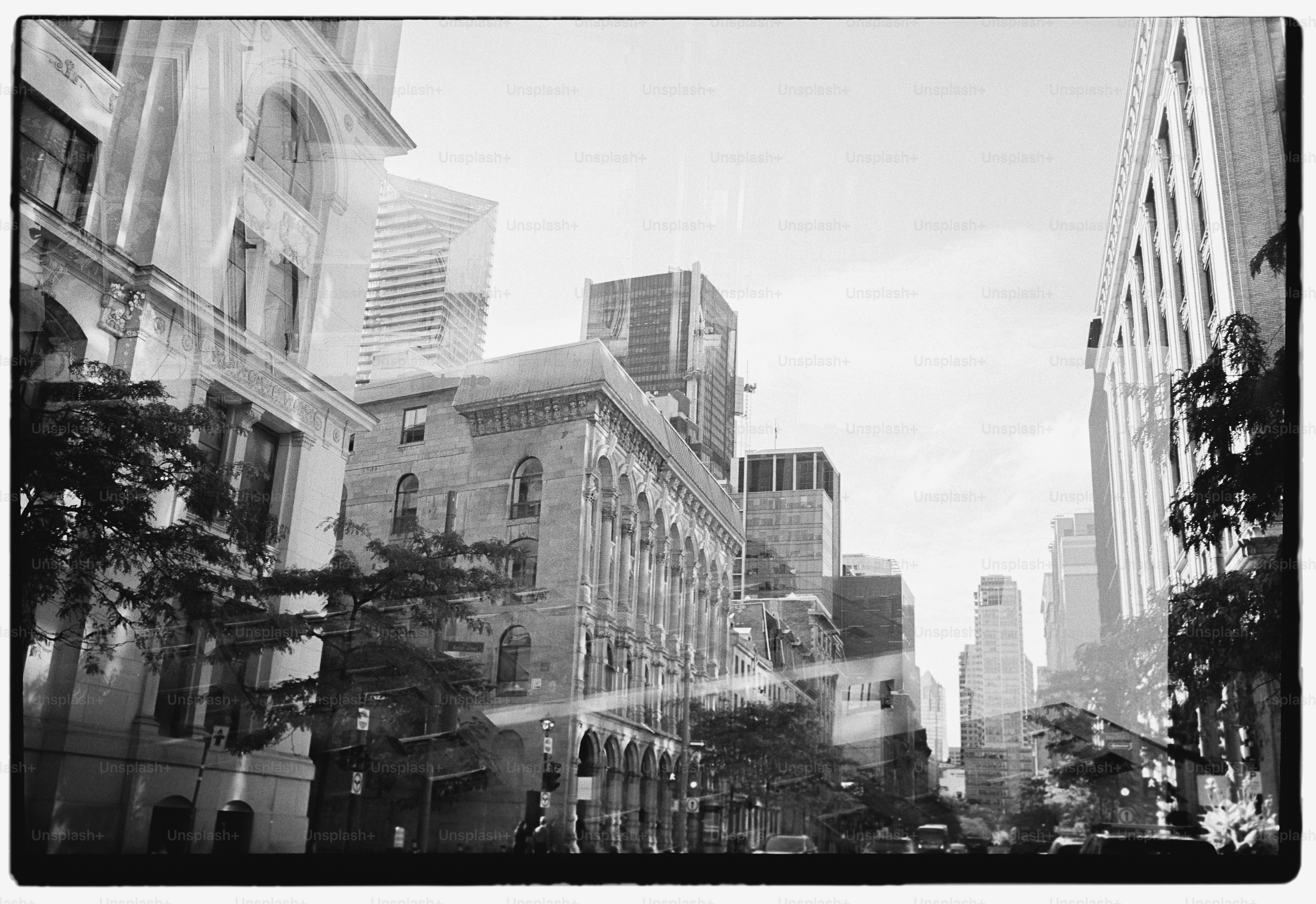 Paisagem urbana em preto e branco com prédios altos.