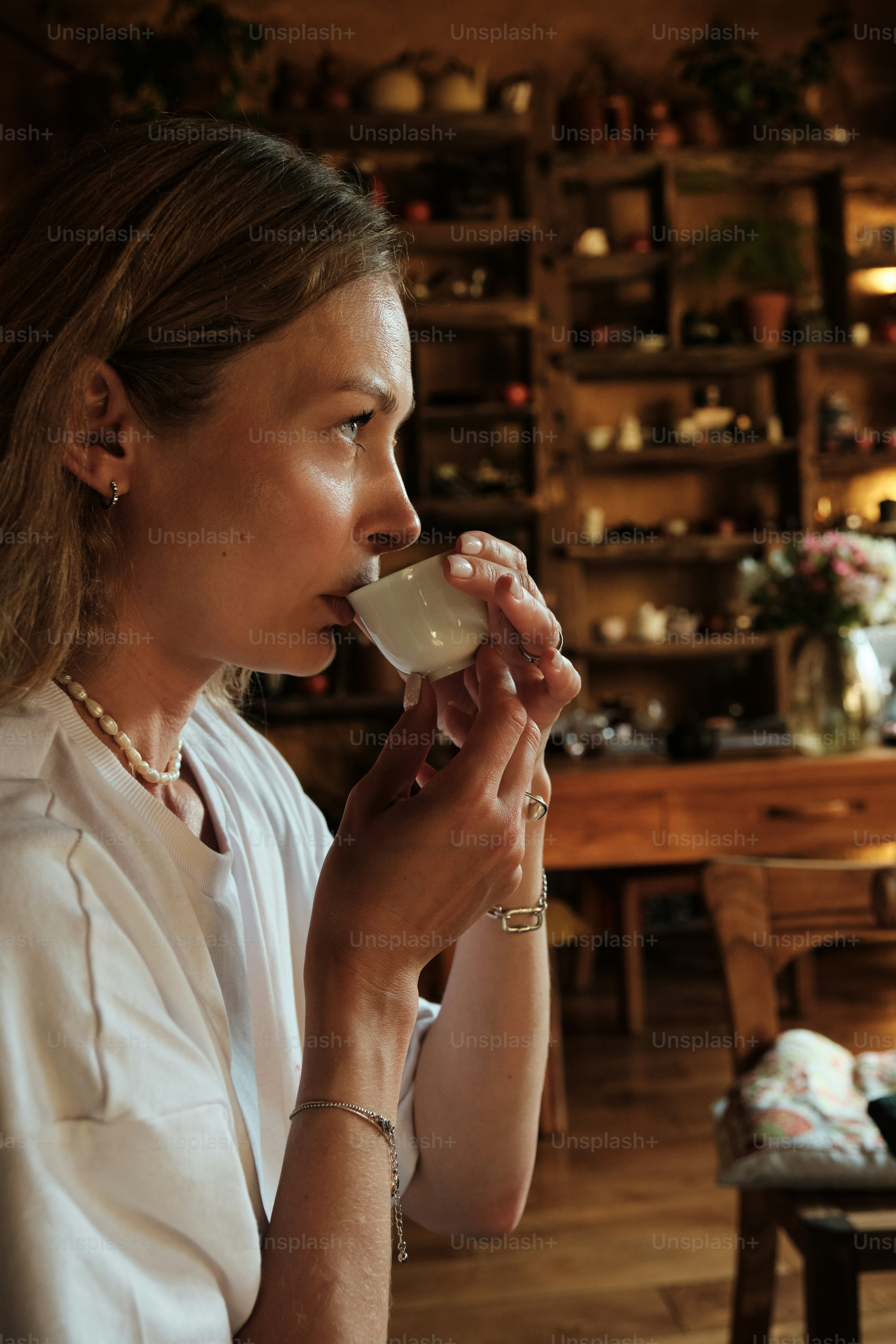 Mujer tomando té en una taza pequeña