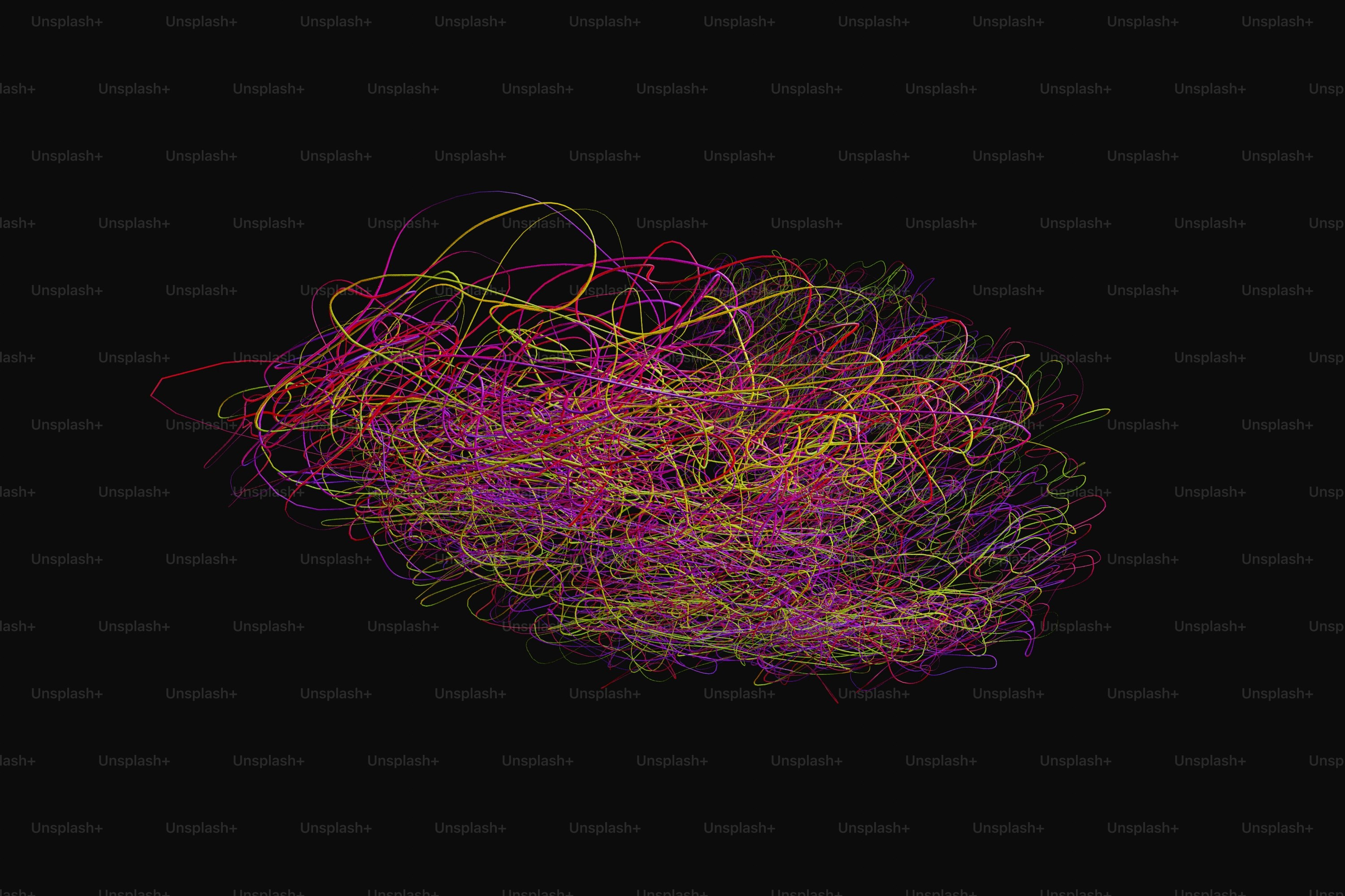 Abstract swirling threads of pink and yellow on black