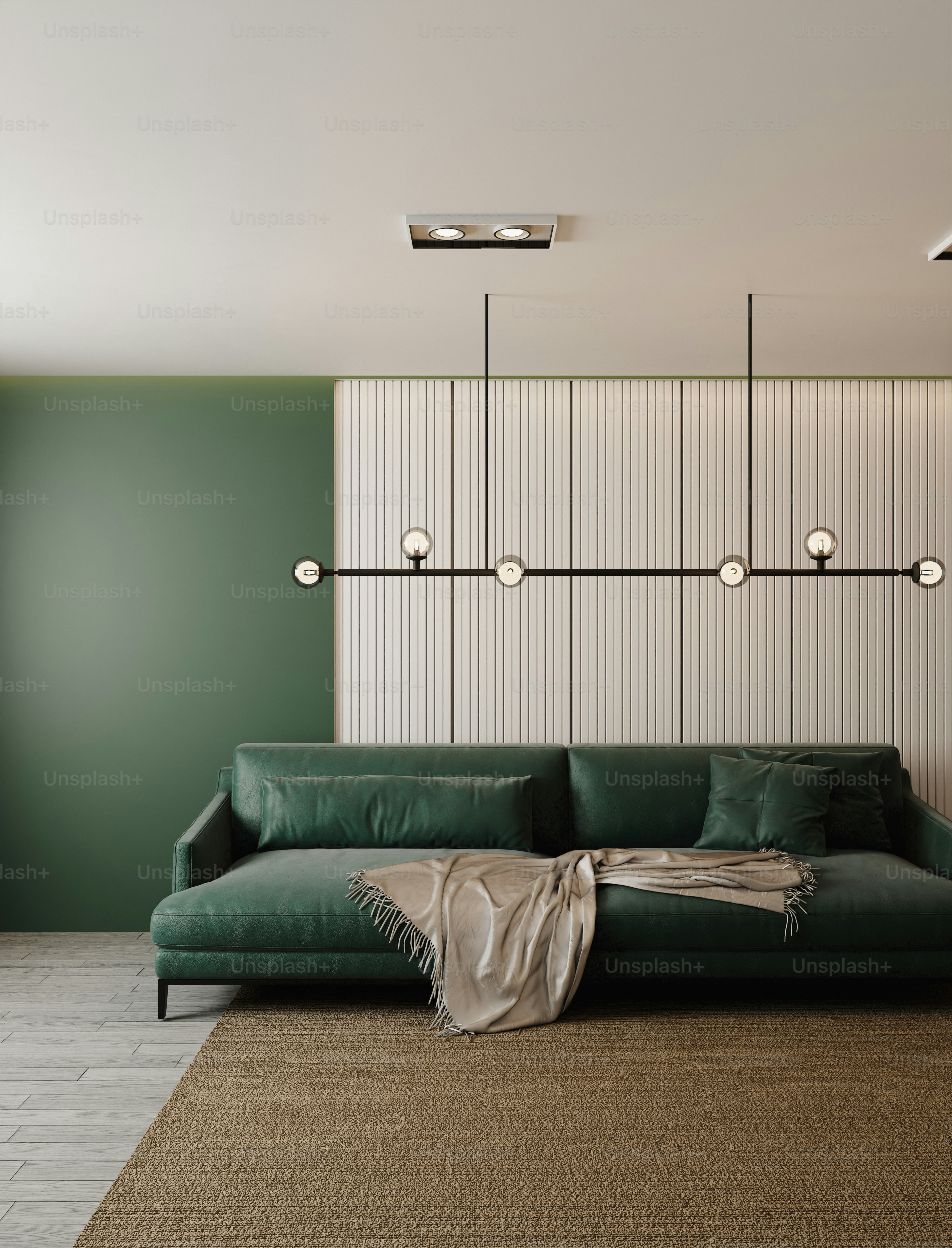 Modern living room with dark green sectional sofa. photo – Interior ...